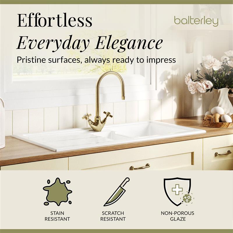 Fireclay Kitchen Bundle - 1.5 Bowl Sink & Drainer, Waste & Mono Crosshead Tap, 1010mm - Brushed Brass