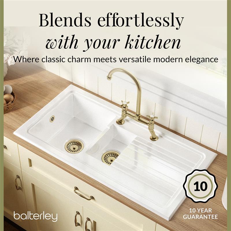 Fireclay Kitchen Bundle - 1.5 Bowl Sink & Drainer, Waste & Bridge Lever Tap, 1010mm - Brushed Brass