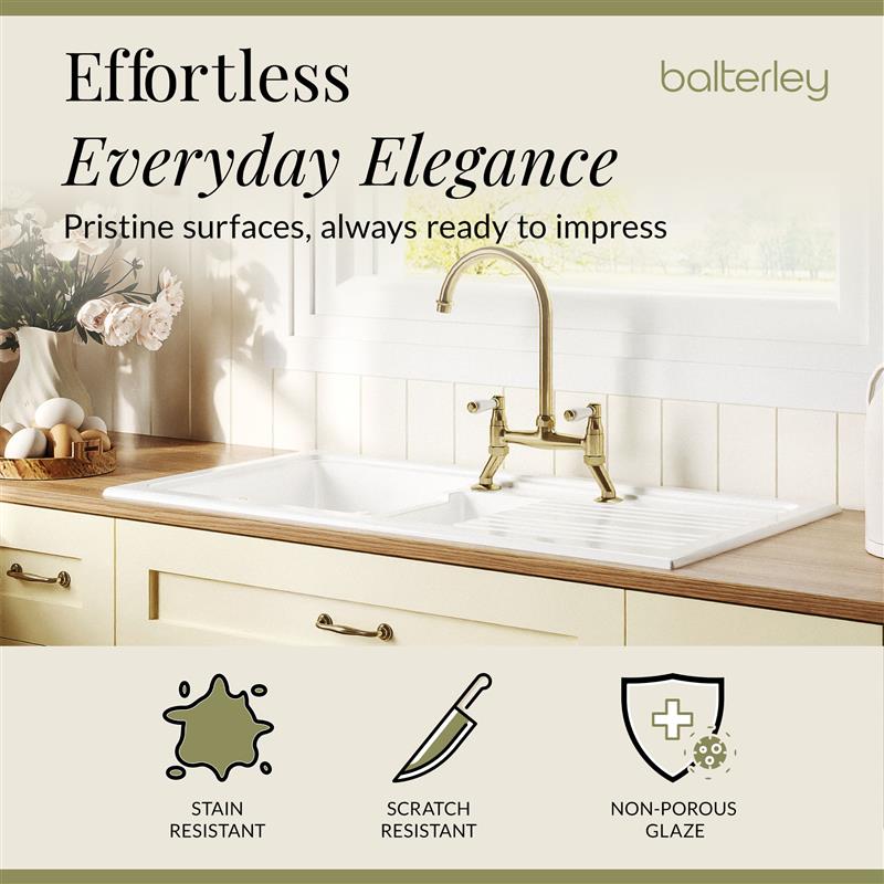 Fireclay Kitchen Bundle - 1.5 Bowl Sink & Drainer, Waste & Bridge Lever Tap, 1010mm - Brushed Brass