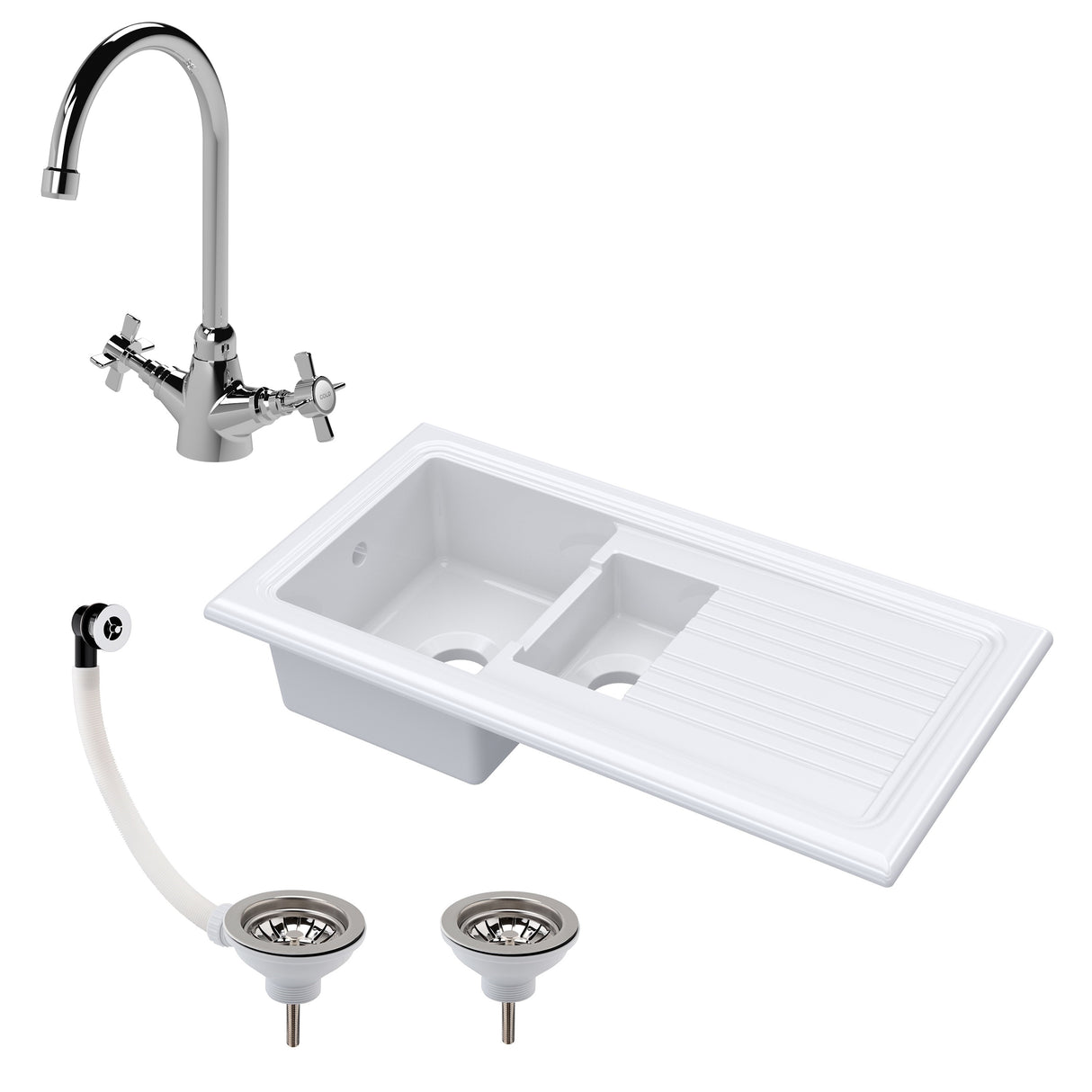 1.5 Bowl Fireclay Inset Kitchen Sink Bundle with Drainer, Mixer Tap & Wastes - 1010mm