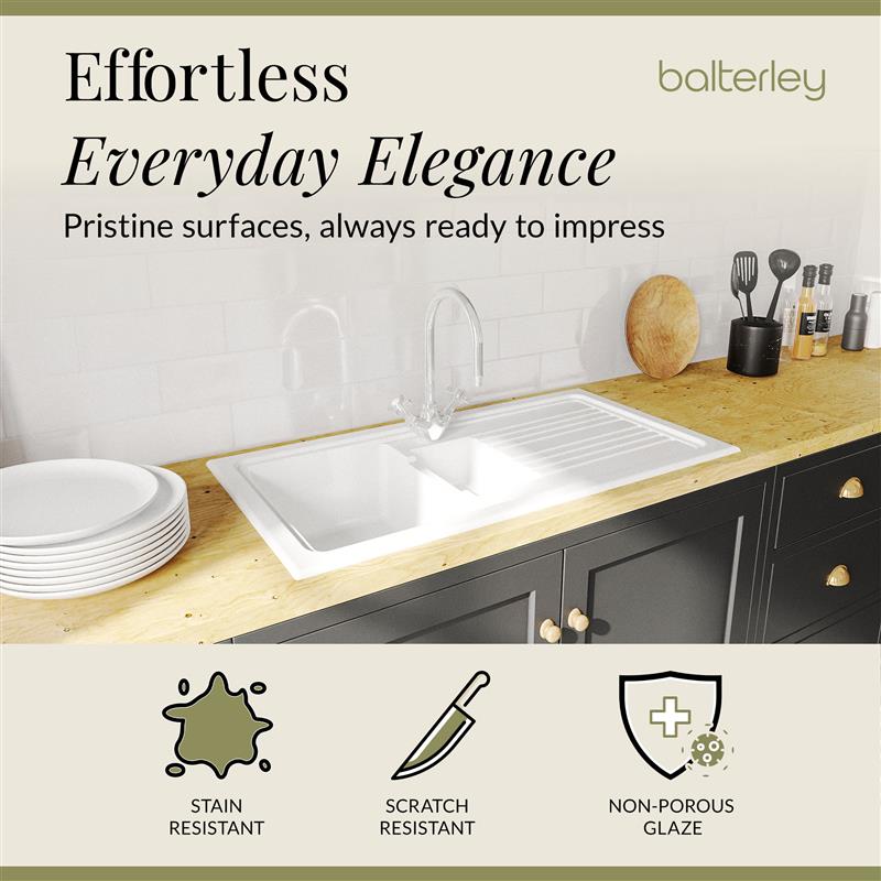 1.5 Bowl Fireclay Inset Kitchen Sink Bundle with Drainer, Mixer Tap & Wastes - 1010mm