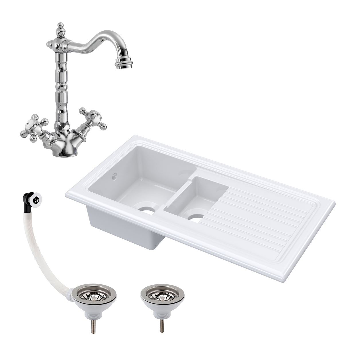 1.5 Bowl Fireclay Ceramic Inset Kitchen Sink Bundle with Classic Tap & Wastes