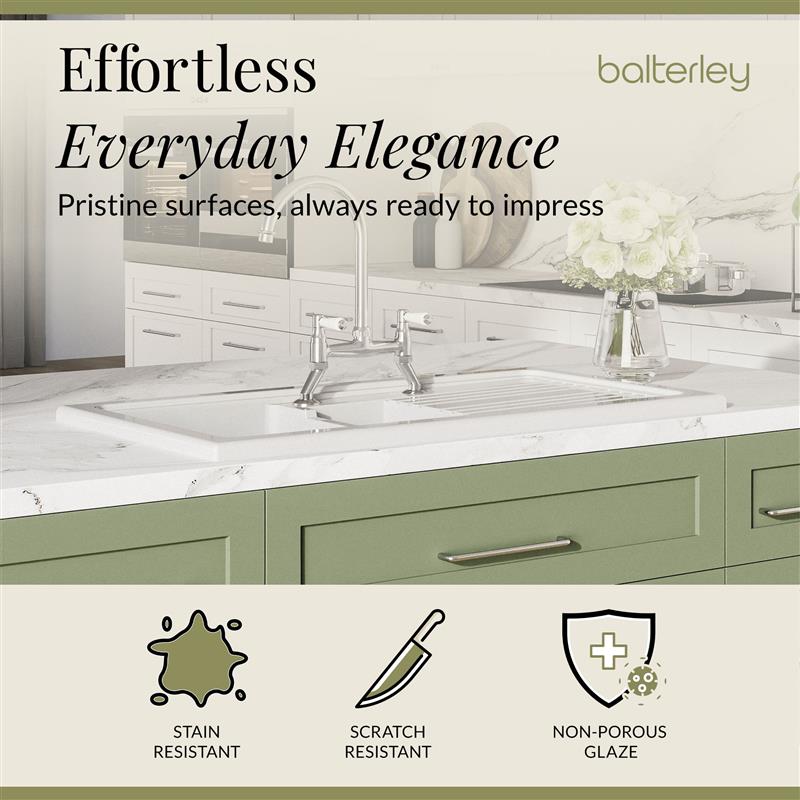 Fireclay Kitchen Bundle - 1.5 Bowl Sink & Drainer, Waste & Bridge Lever Tap, 1010mm - Chrome