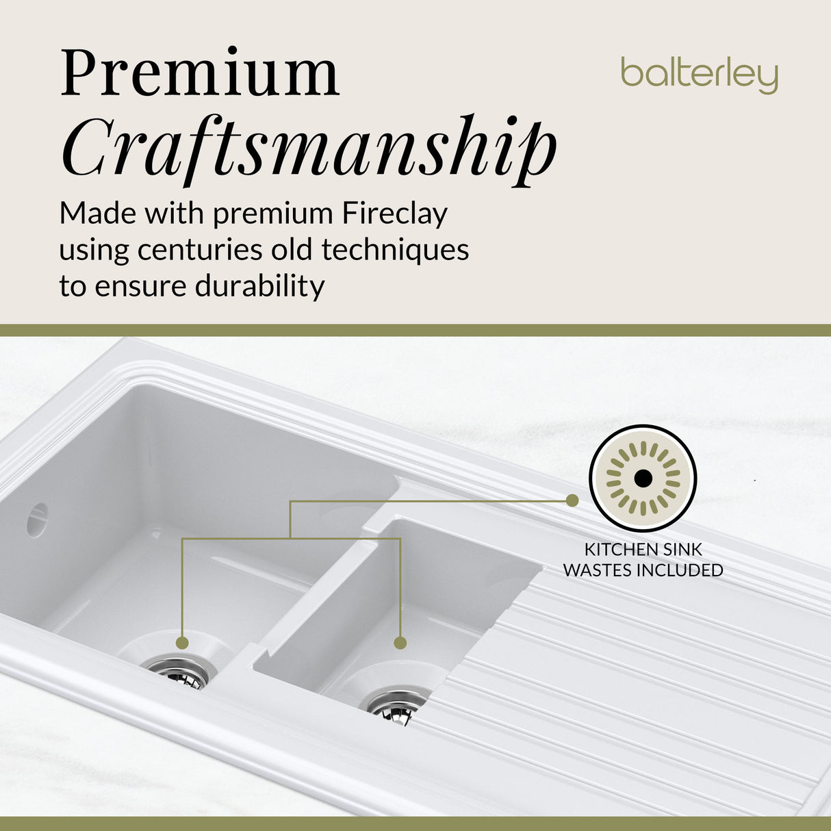101cm 1.5 Bowl Fireclay Inset Kitchen Sink with Waste - 1010 x 525 x 235mm - Choice of Waste Finish