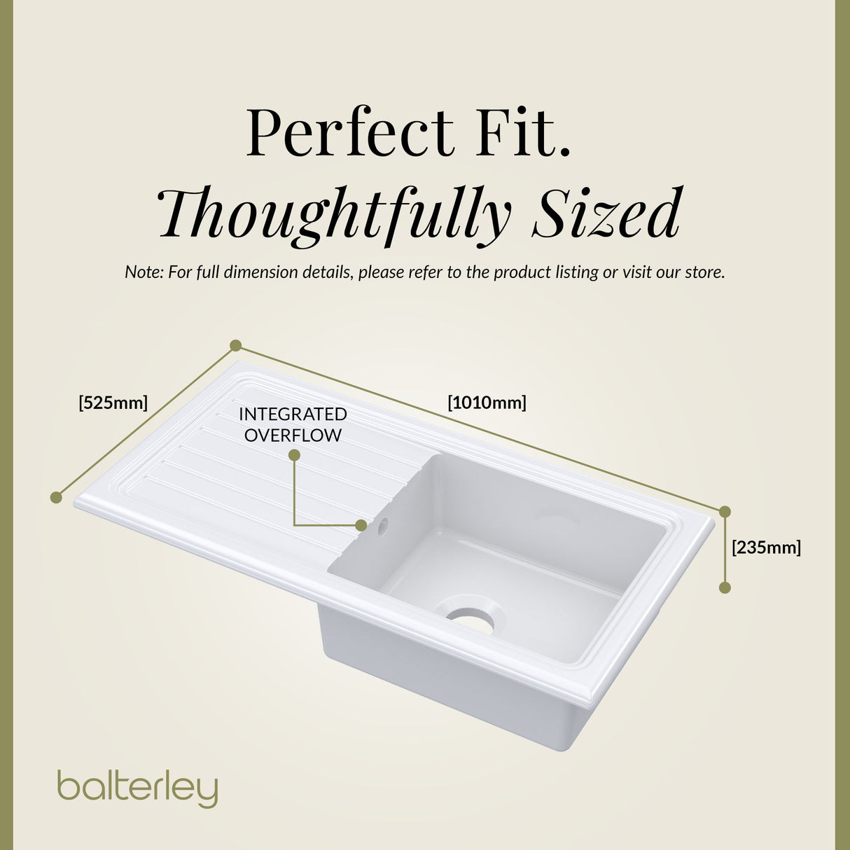 Single Bowl Fireclay Ceramic Inset Kitchen Sink & Drainer, Includes Compatible Waste, 1010mm