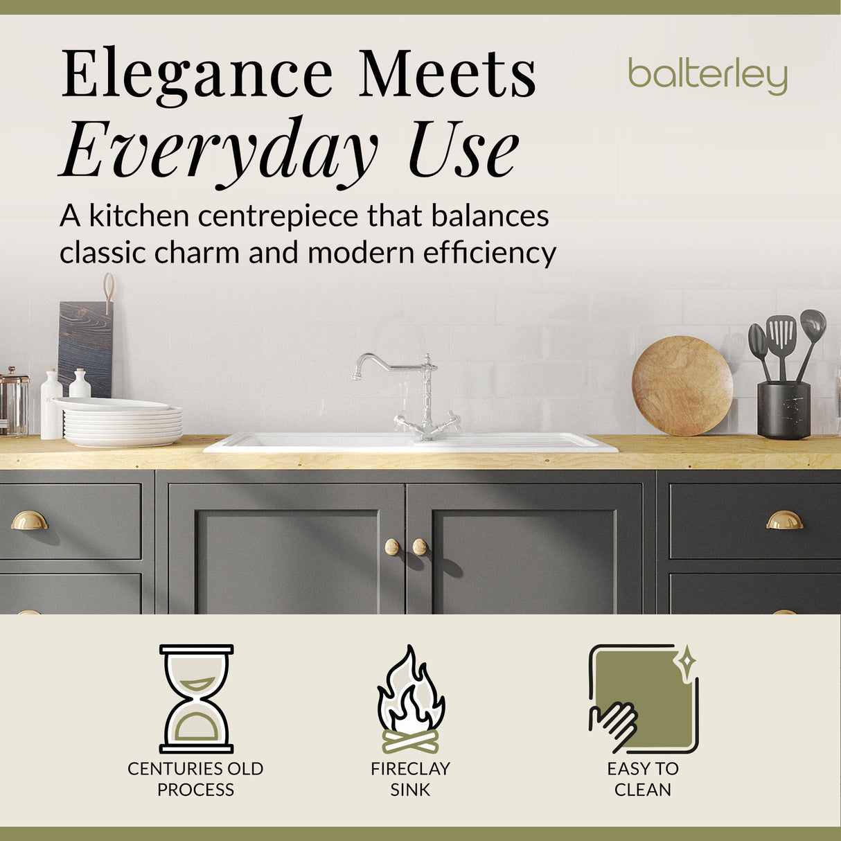 Single Bowl Fireclay Inset Kitchen Sink & Drainer, Classic Tap & Wastes, 1010mm