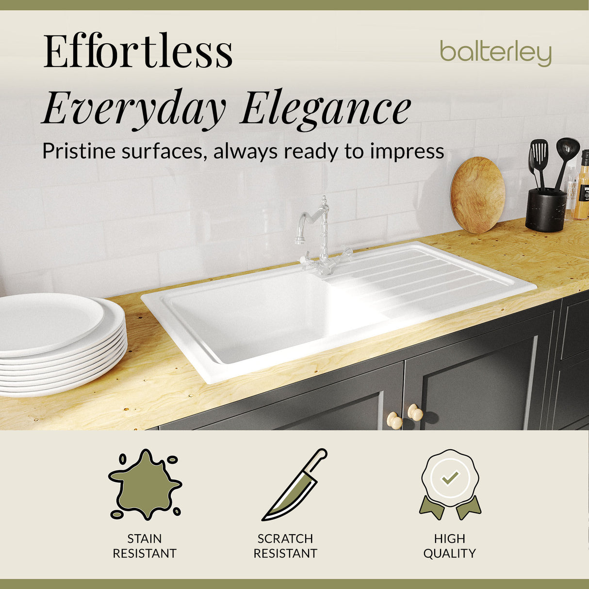 Single Bowl Fireclay Inset Kitchen Sink & Drainer, Classic Tap & Wastes, 1010mm