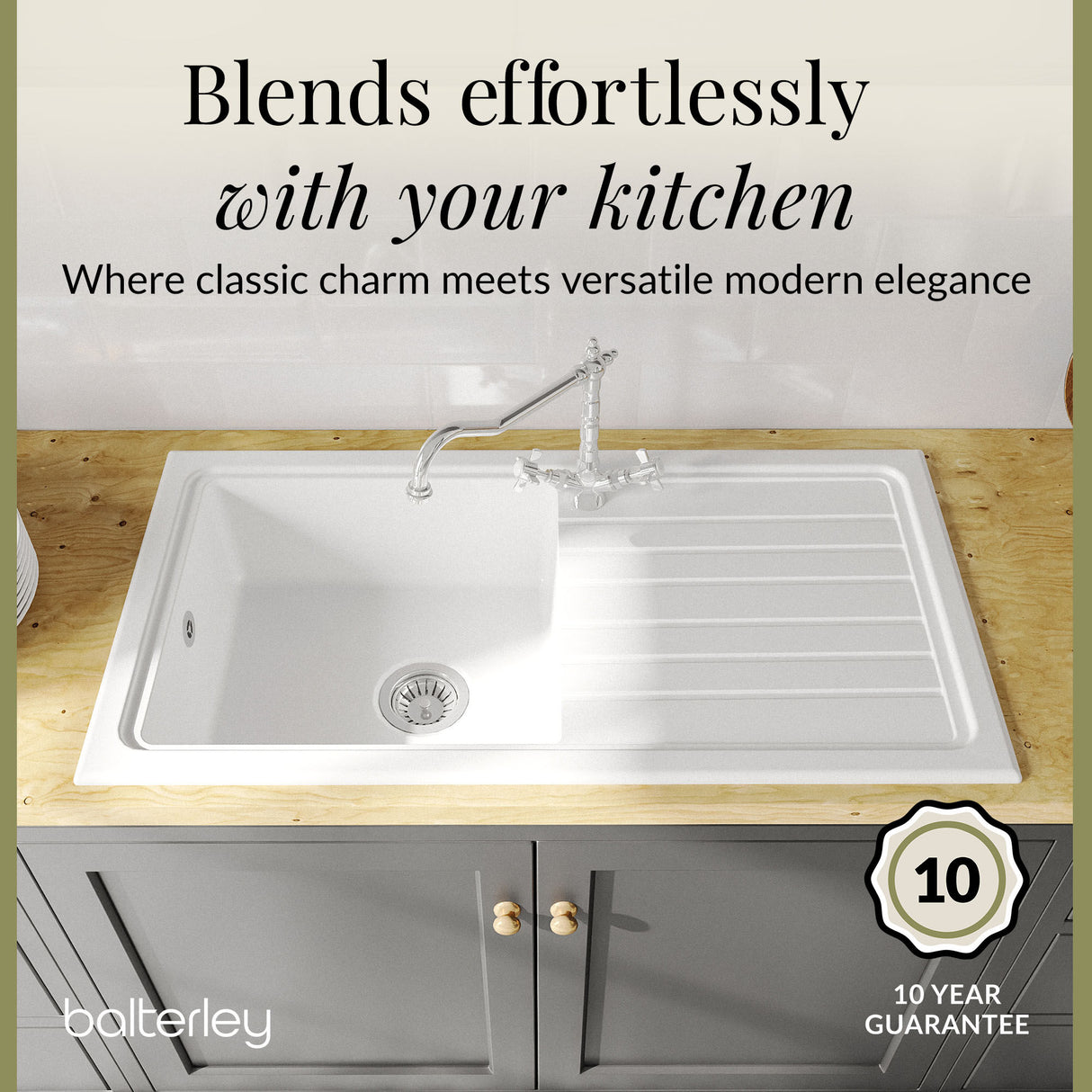 Single Bowl Fireclay Inset Kitchen Sink & Drainer, Classic Tap & Wastes, 1010mm