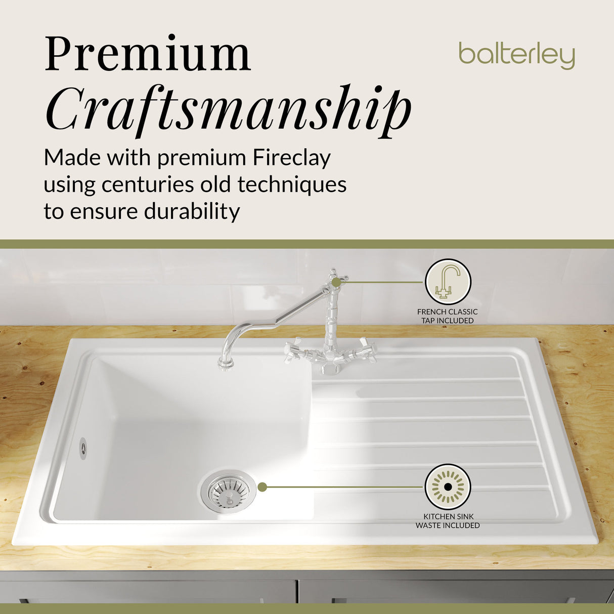 Single Bowl Fireclay Inset Kitchen Sink & Drainer, Classic Tap & Wastes, 1010mm