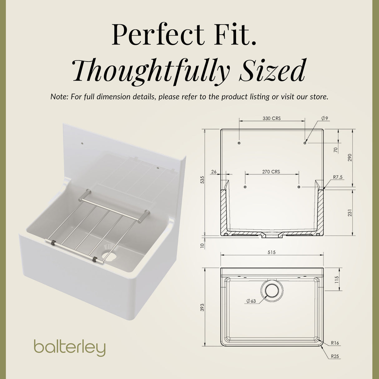 Single Bowl Fireclay Ceramic Cleaner Sink w.Grid - Multiple Sizes and Accessories