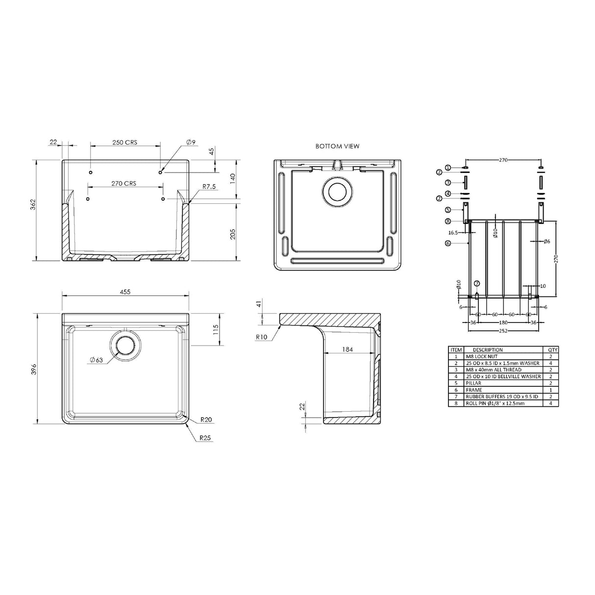 Single Bowl Fireclay Ceramic Cleaner Sink w.Grid - Multiple Sizes and Accessories