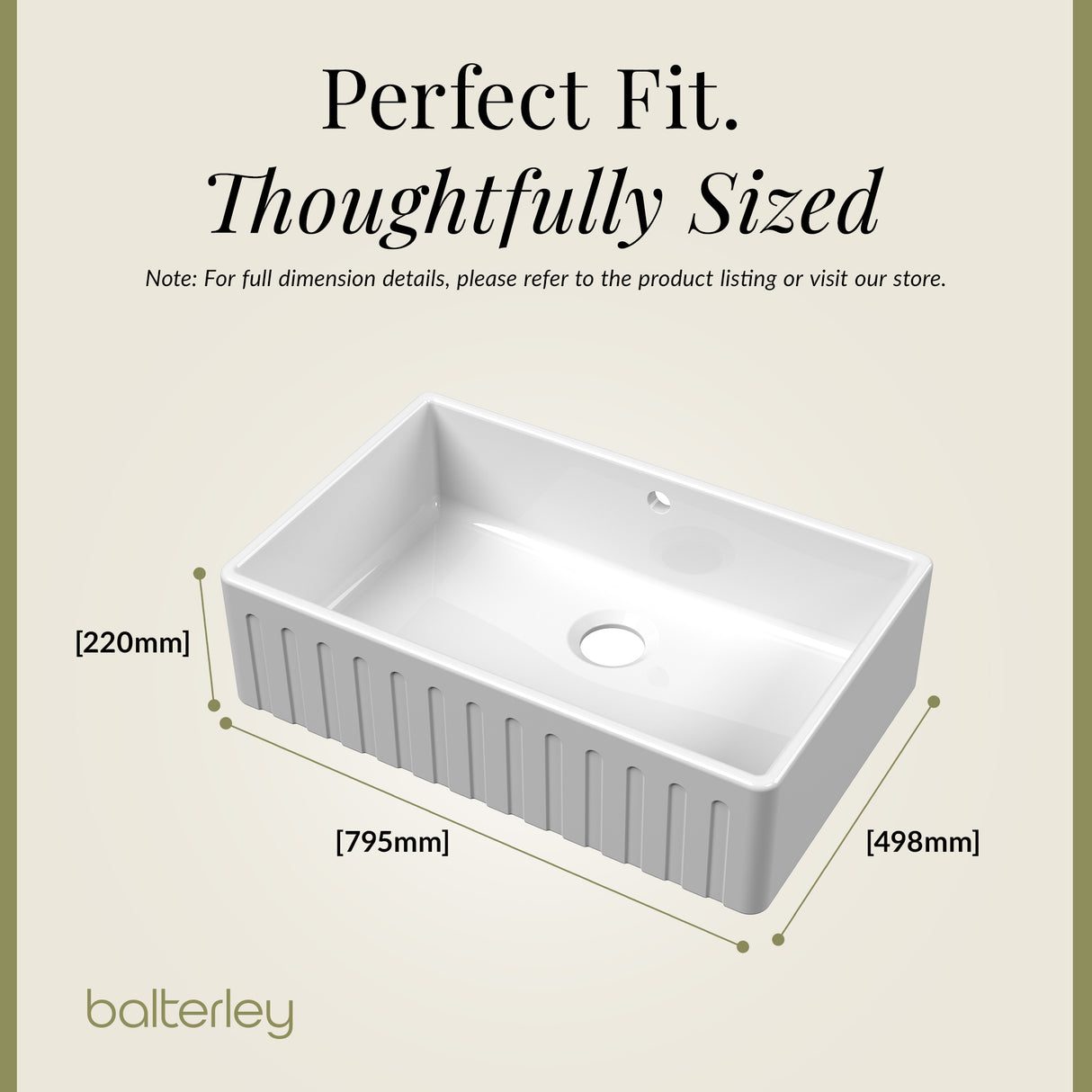 Fireclay Kitchen Single Bowl Fluted Butler Sink - Multiple Sizes Available