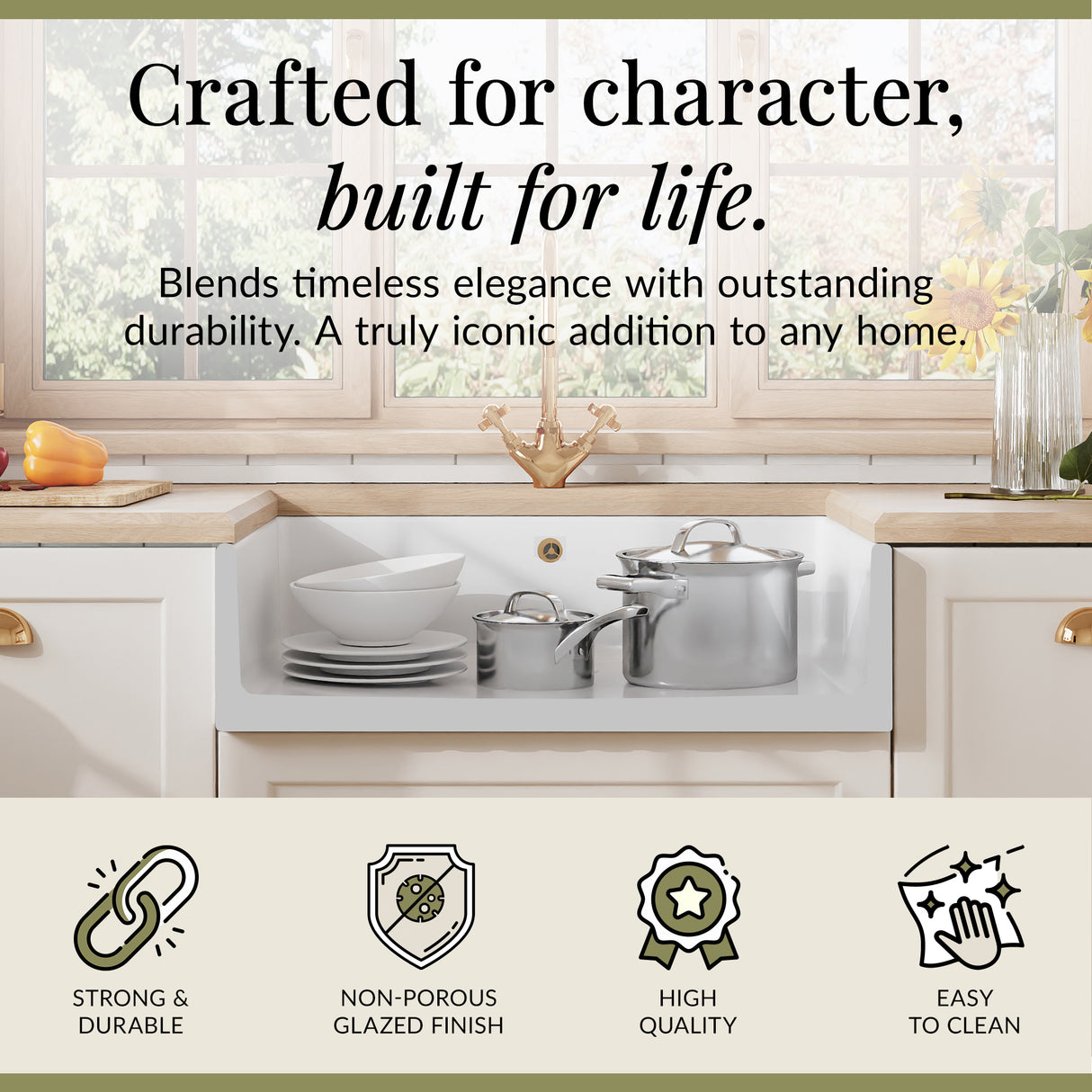 Fireclay Kitchen Single Bowl Fluted Butler Sink - Multiple Sizes Available
