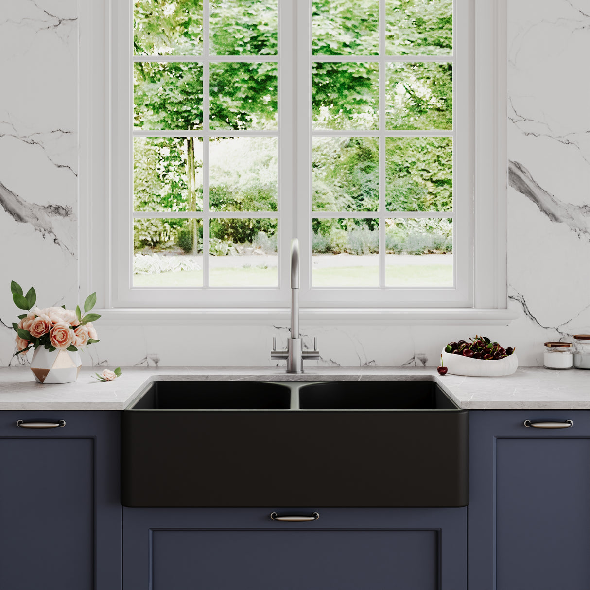 Double Bowl Fireclay Ceramic Butler Kitchen Sink with Full Weir - Choice of Colour