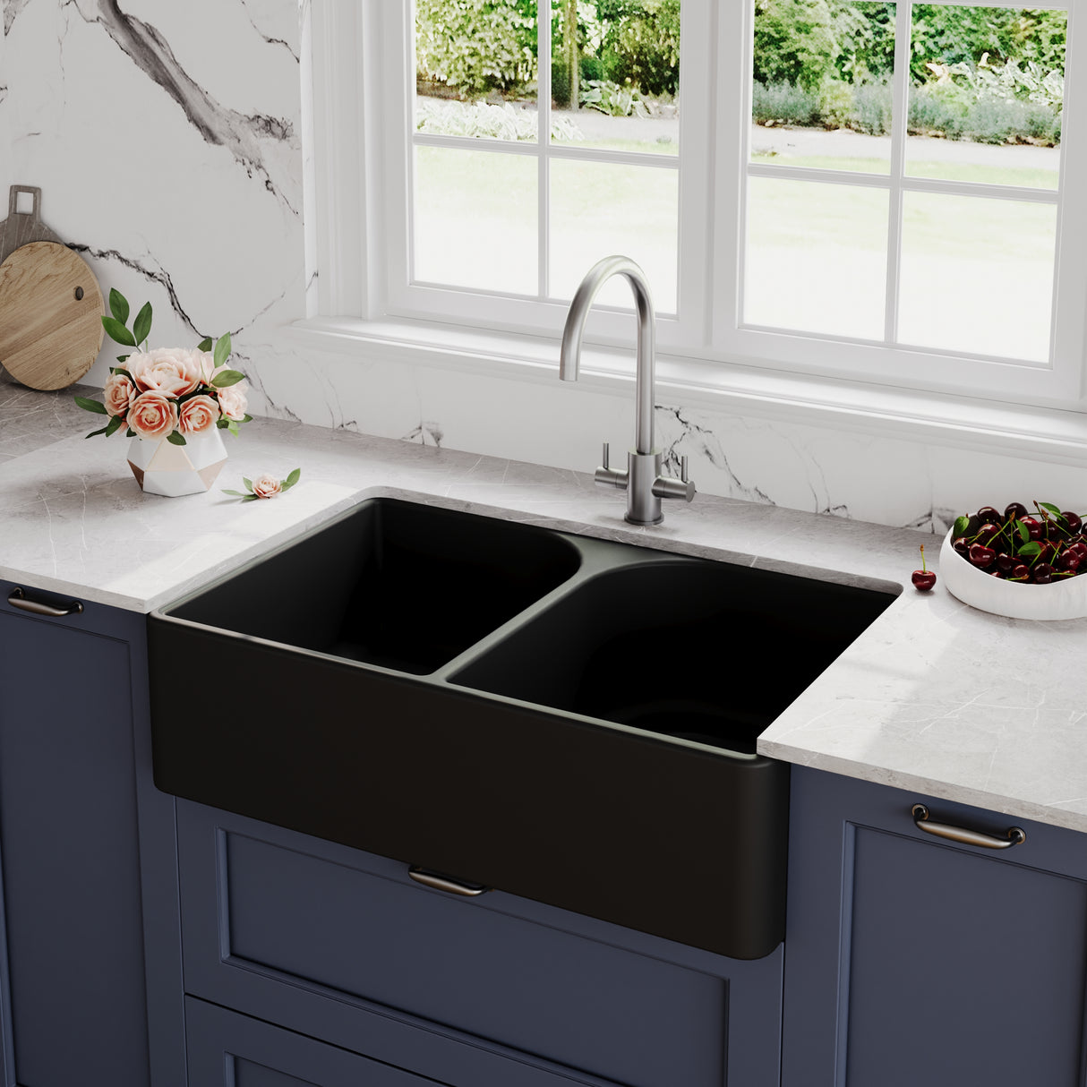 Double Bowl Fireclay Ceramic Butler Kitchen Sink with Full Weir - Choice of Colour