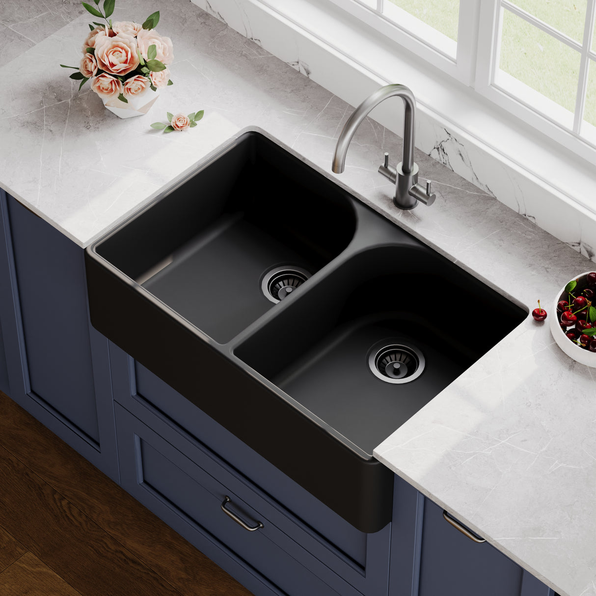 Double Bowl Fireclay Ceramic Butler Kitchen Sink with Full Weir - Choice of Colour