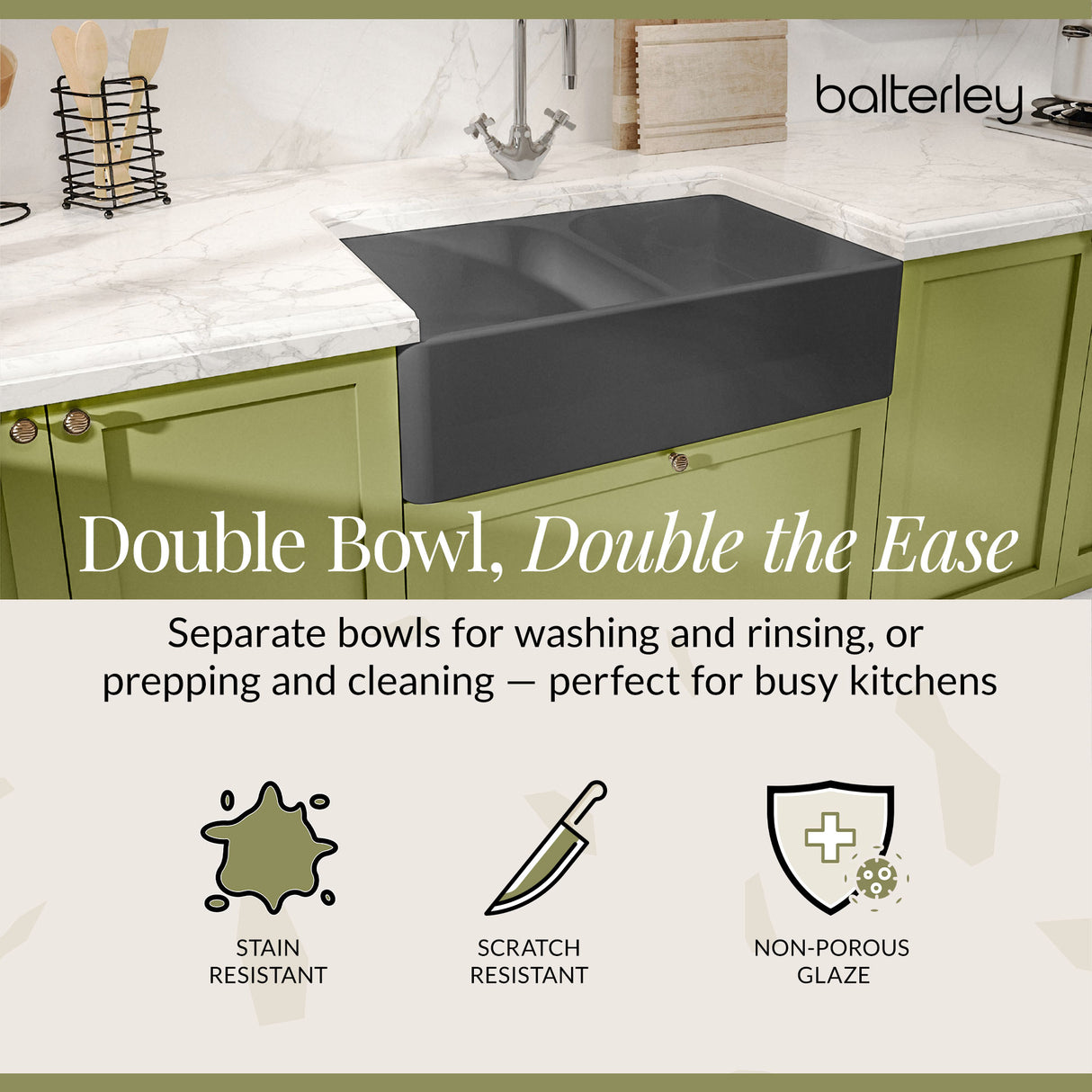 Double Bowl Fireclay Ceramic Butler Kitchen Sink with Full Weir - Choice of Colour