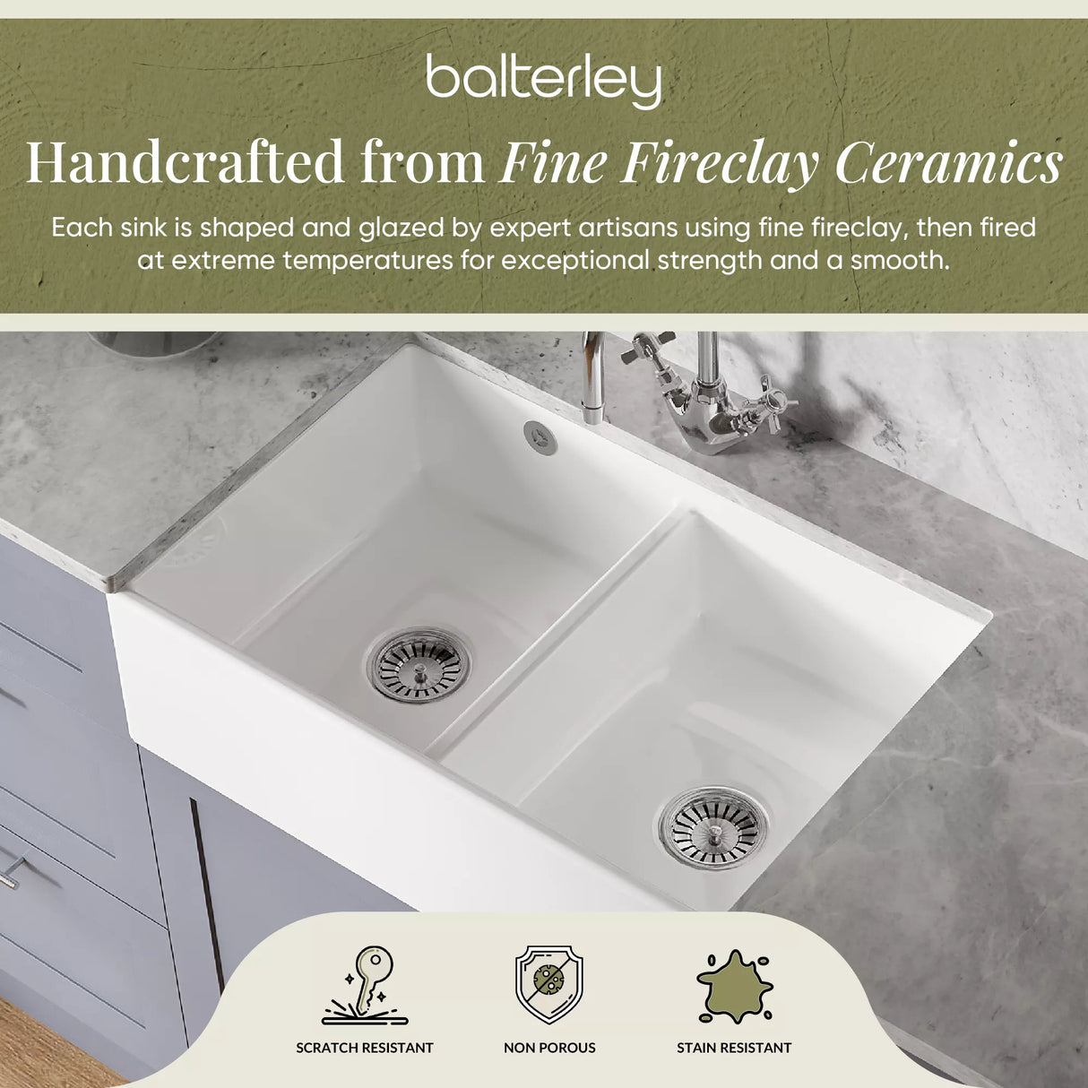 Double Bowl Fireclay Butler Kitchen Sink with Stepped Weir and Overflow - 795mm
