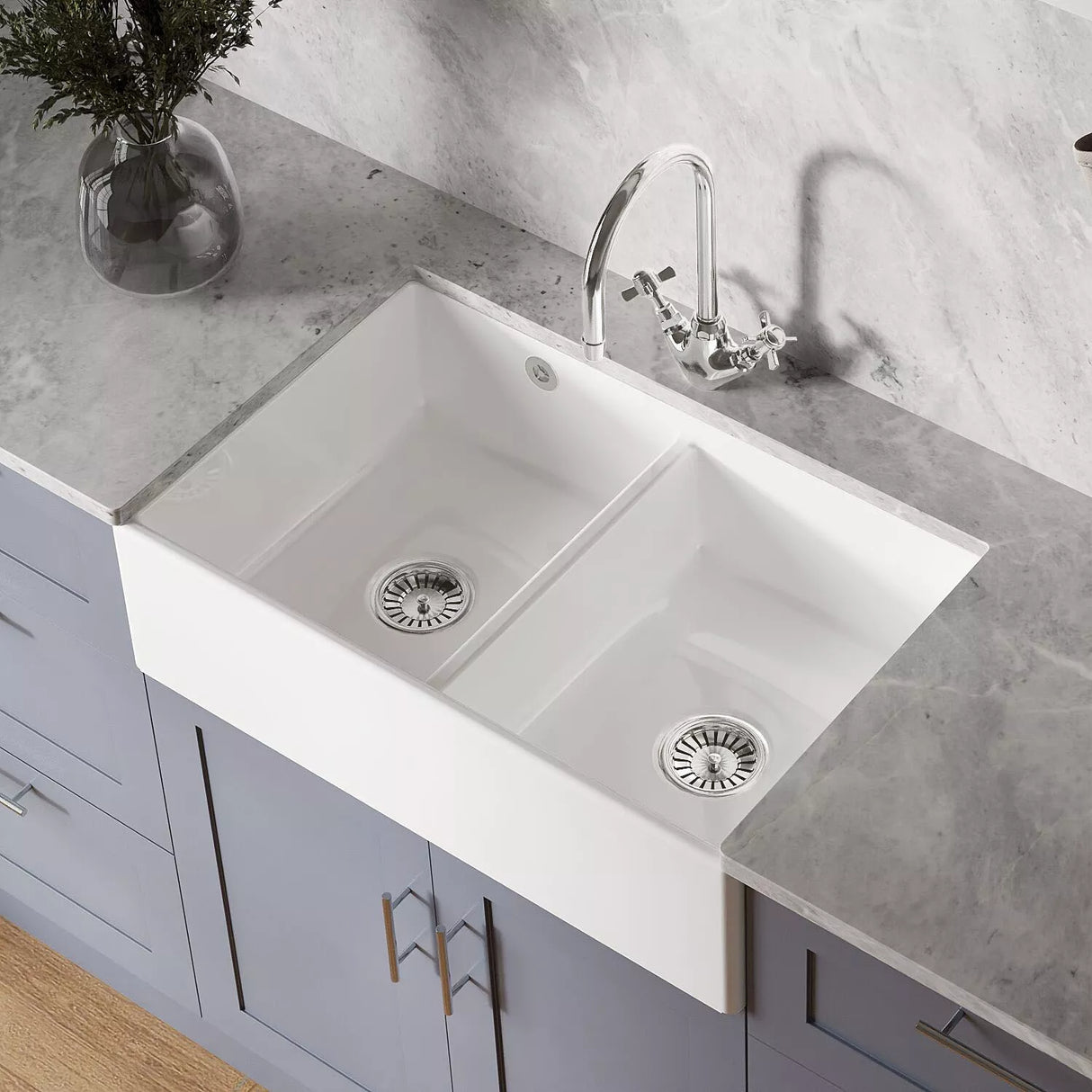 Double Bowl Fireclay Butler Kitchen Sink with Stepped Weir and Overflow - 795mm - Choice of Wastes