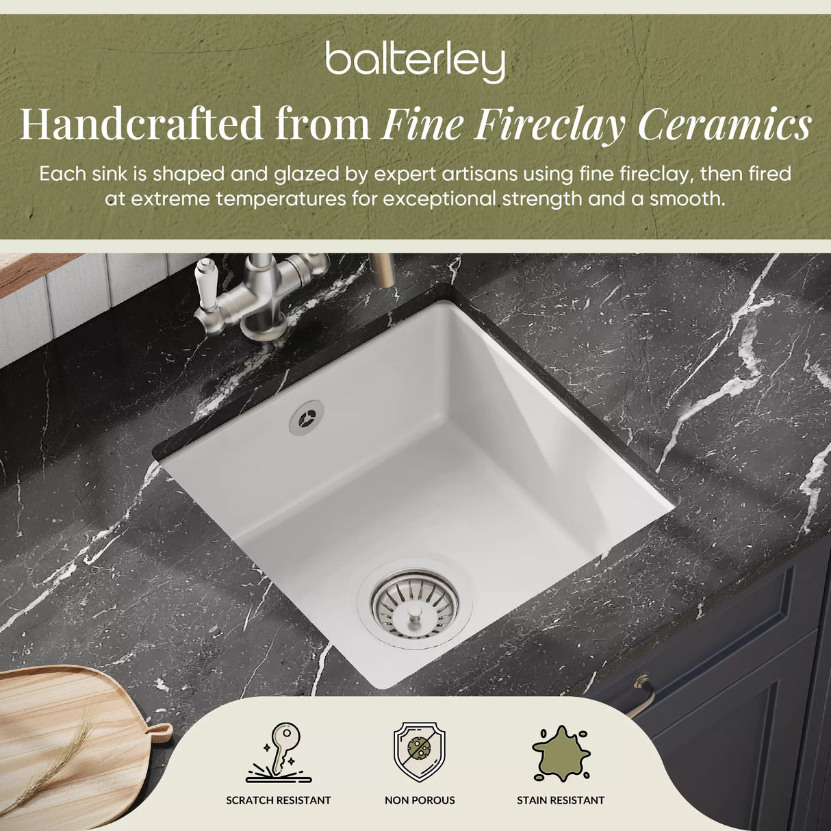 Fireclay Single Bowl Square Undermount Kitchen Sink with Overflow - 457mm - Multiple Colours