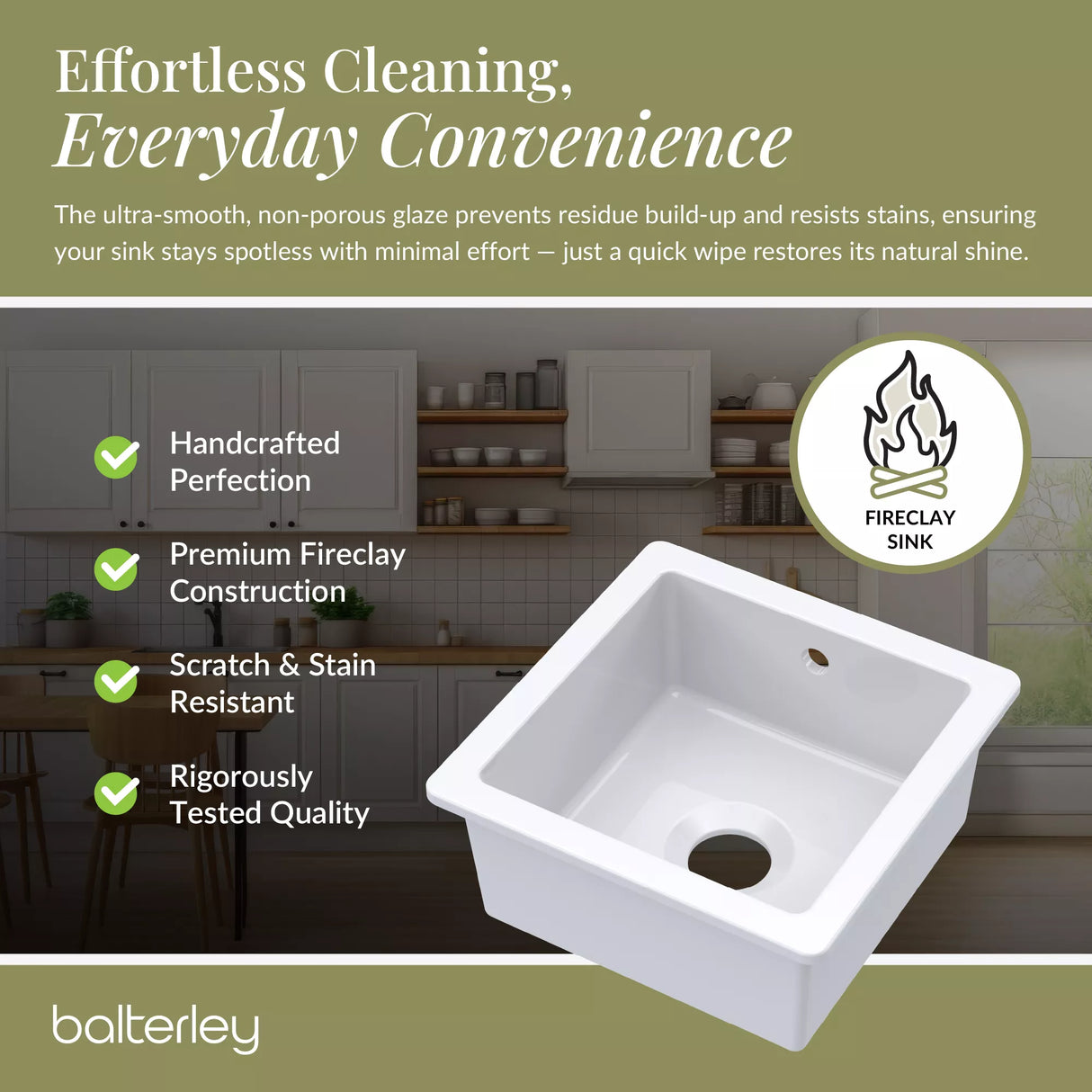 Fireclay Single Bowl Square Undermount Kitchen Sink with Overflow - 457mm - Multiple Colours