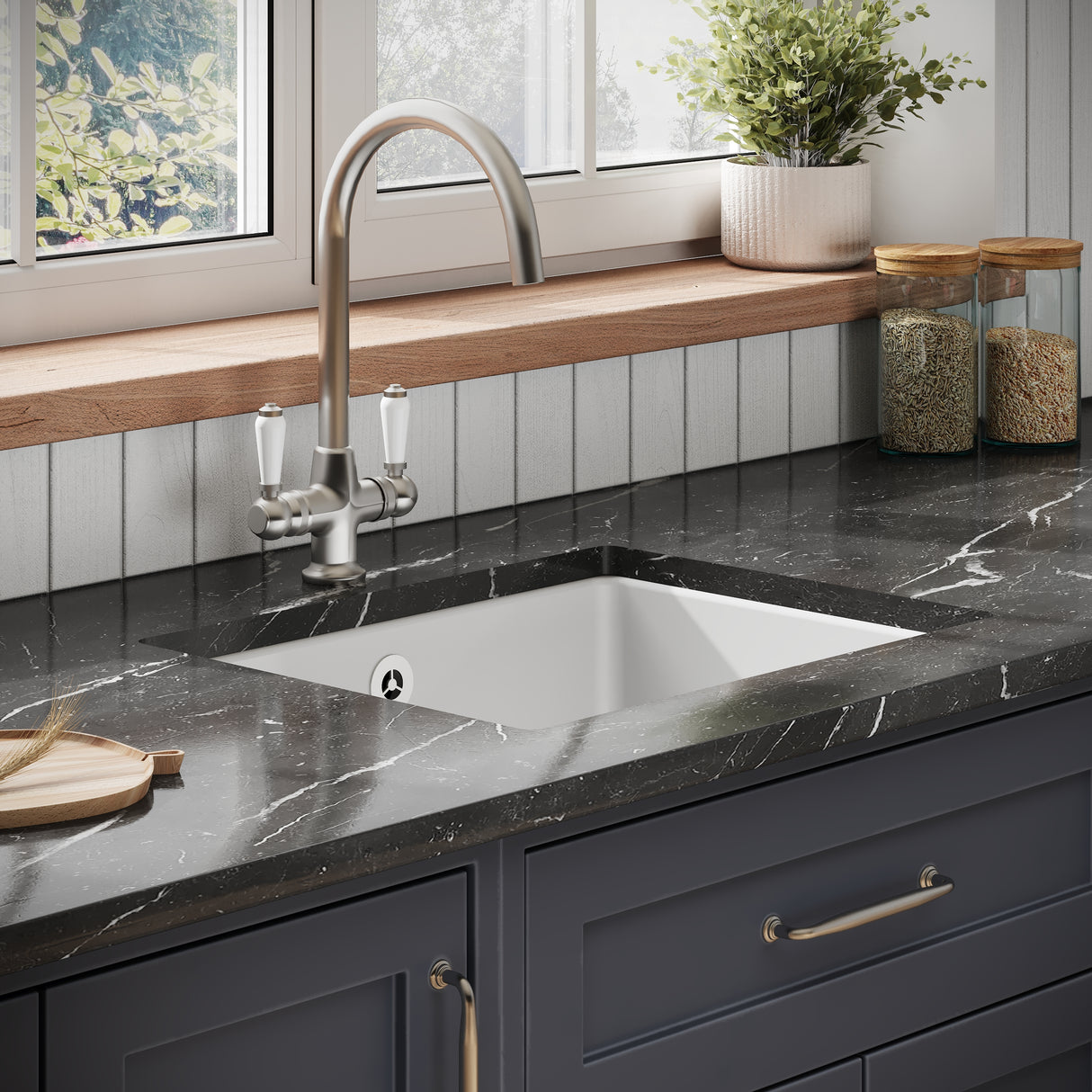 Single Bowl Fireclay Ceramic Square Undermount Kitchen Sink with Overflow - 548mm - Choice of Finish