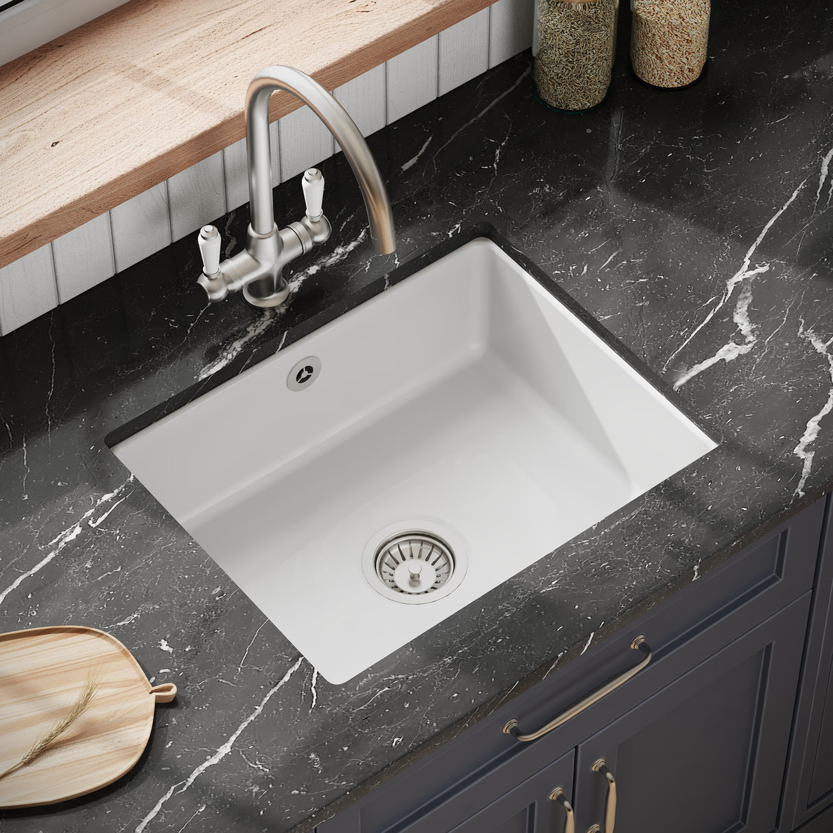Single Bowl Fireclay Ceramic Square Undermount Kitchen Sink with Overflow - Multiple Finishes