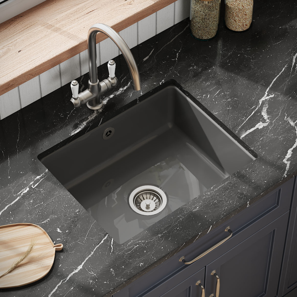 Single Bowl Fireclay Ceramic Square Undermount Kitchen Sink with Overflow - Multiple Finishes