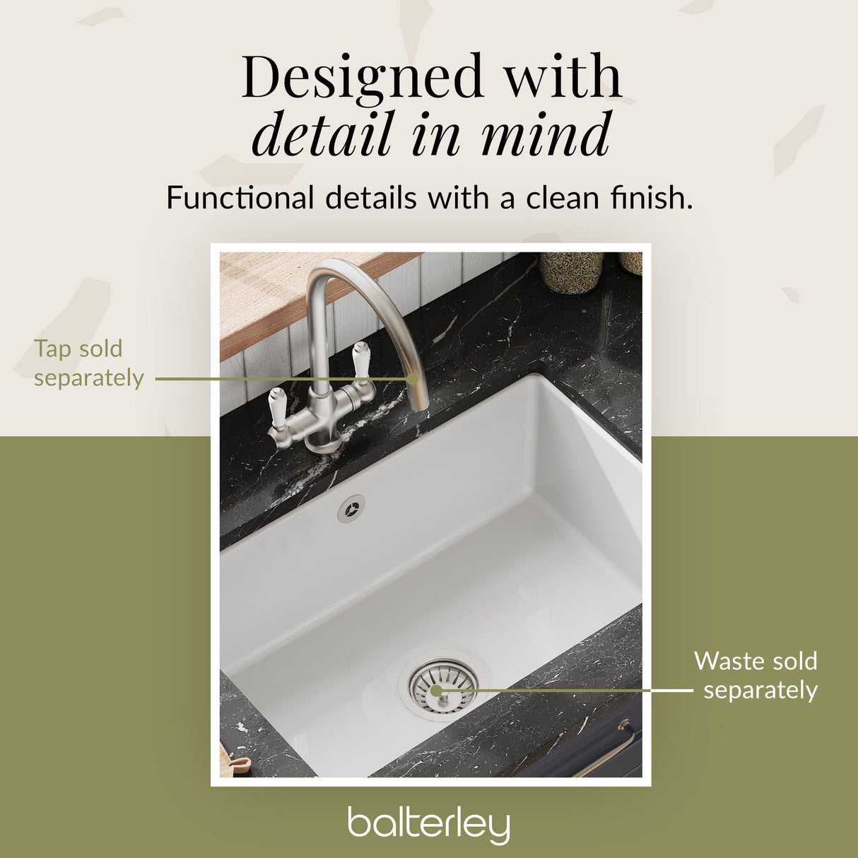 Single Bowl Fireclay Ceramic Undermount Kitchen Sink with Overflow and Central Waste Position - 711mm