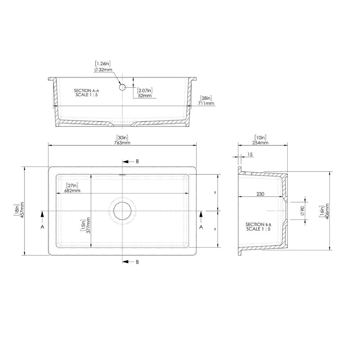 Single Bowl Fireclay Ceramic Rectangular Undermount Kitchen Sink with Overflow - 763mm