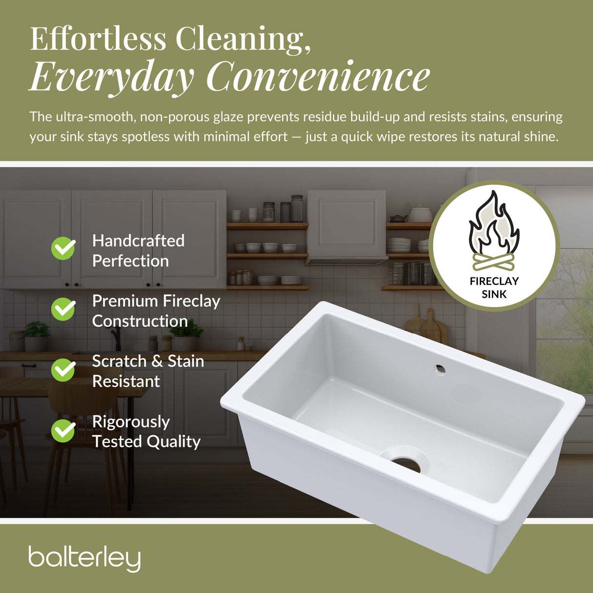 Single Bowl Fireclay Ceramic Rectangular Undermount Kitchen Sink with Overflow - 763mm