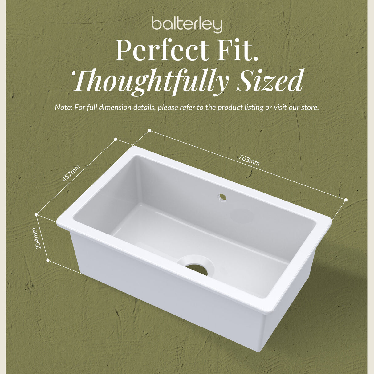 Single Bowl Fireclay Ceramic Rectangular Undermount Kitchen Sink with Overflow - 763mm