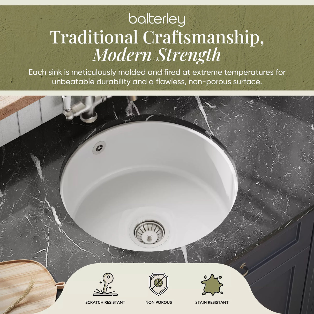 Fireclay Single Bowl Round Undermount Kitchen Sink, Central Waste Position & Overflow - 460mm - Multiple Colours Available