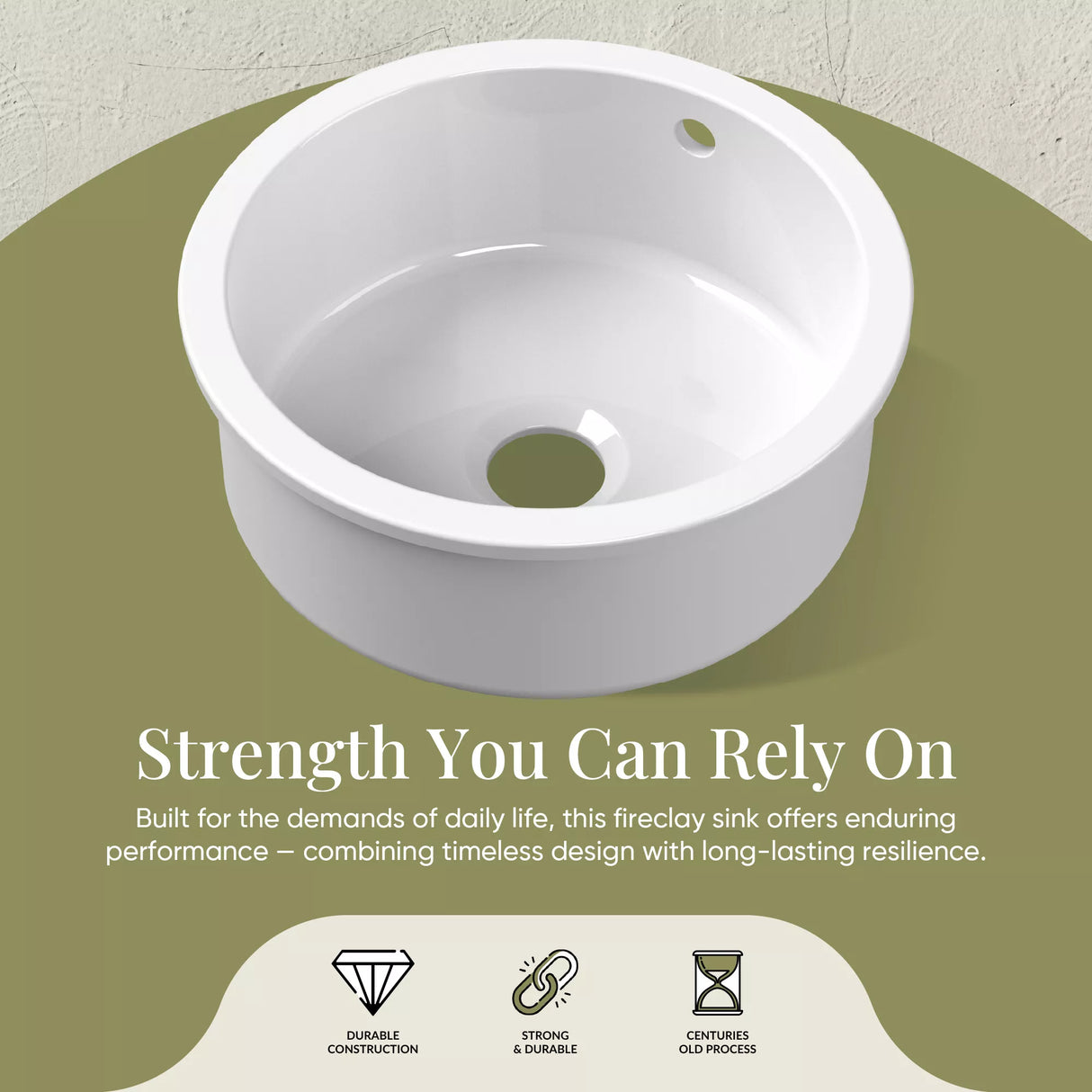 Fireclay Single Bowl Round Undermount Kitchen Sink, Central Waste Position & Overflow - 460mm - Multiple Colours Available