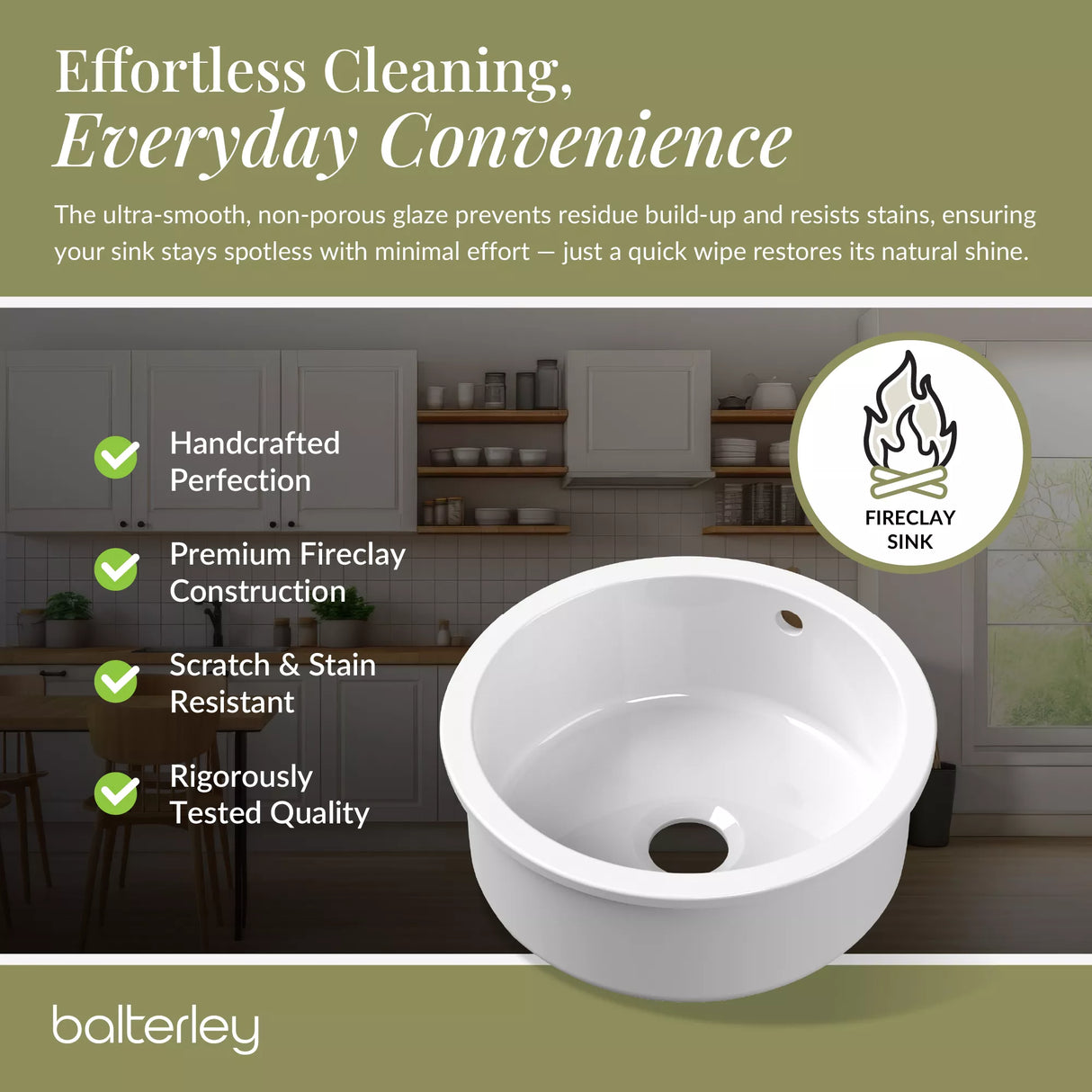 Fireclay Single Bowl Round Undermount Kitchen Sink, Central Waste Position & Overflow - 460mm - Multiple Colours Available