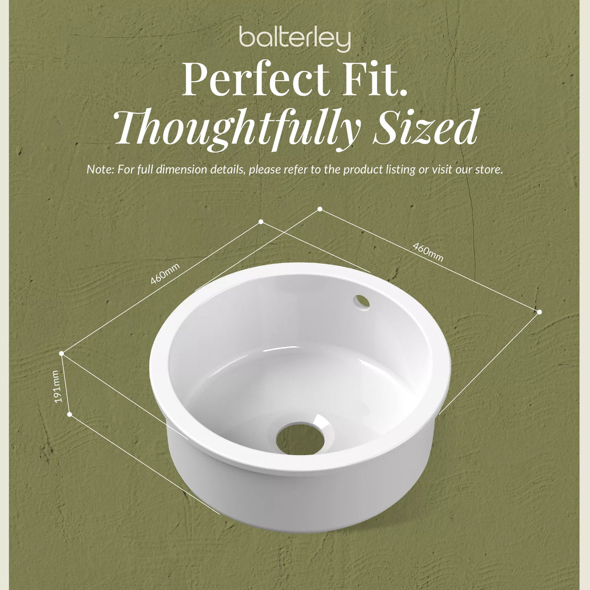 Fireclay Single Bowl Round Undermount Kitchen Sink, Central Waste Position & Overflow - 460mm - Multiple Colours Available