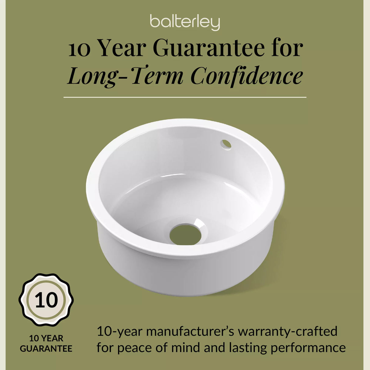 Fireclay Single Bowl Round Undermount Kitchen Sink, Central Waste Position & Overflow - 460mm - Multiple Colours Available