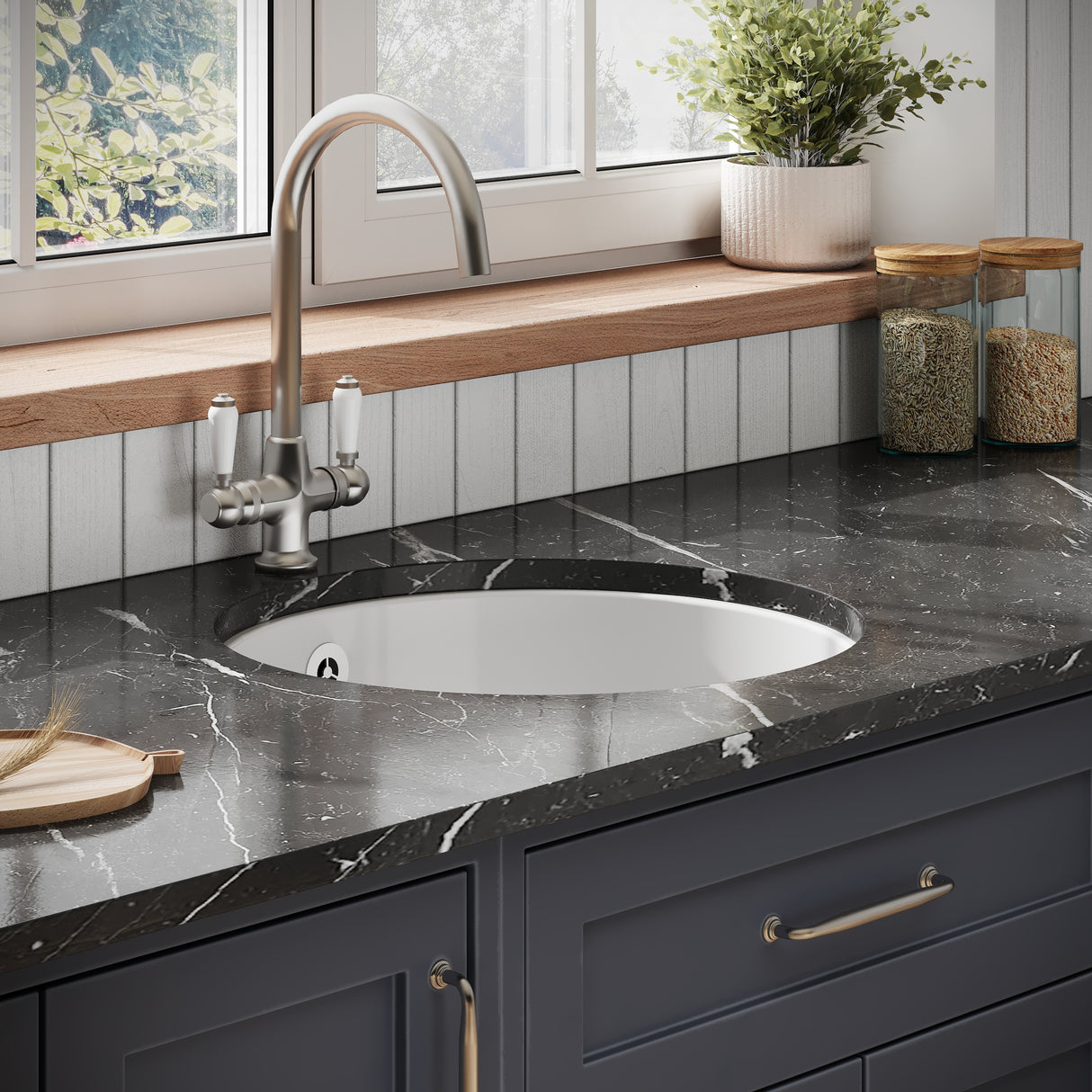 Fireclay Single Bowl Round Undermount Kitchen Sink, Central Waste Position & Overflow - Multiple Colours Available