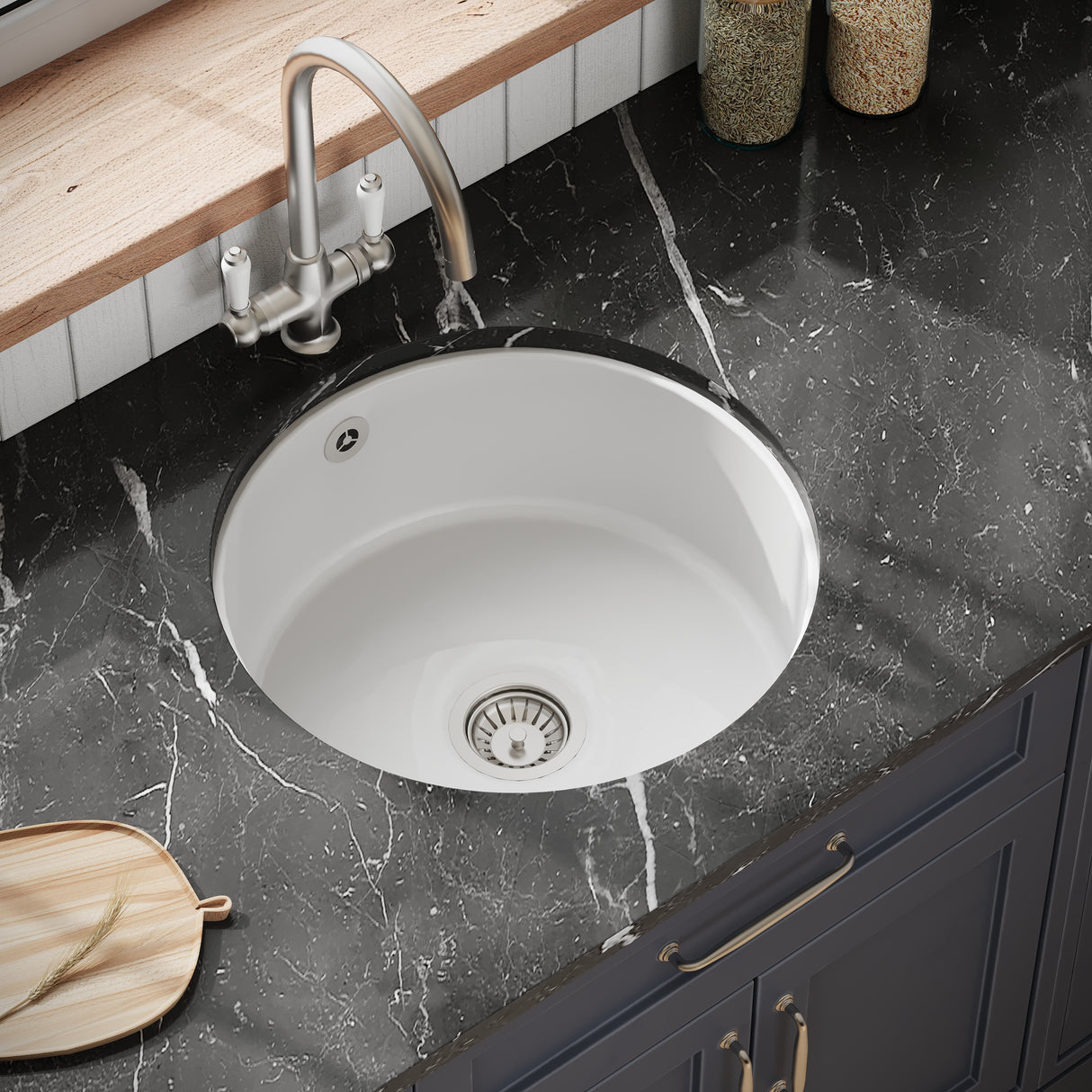 Fireclay Single Bowl Round Undermount Kitchen Sink, Central Waste Position & Overflow - Multiple Colours Available