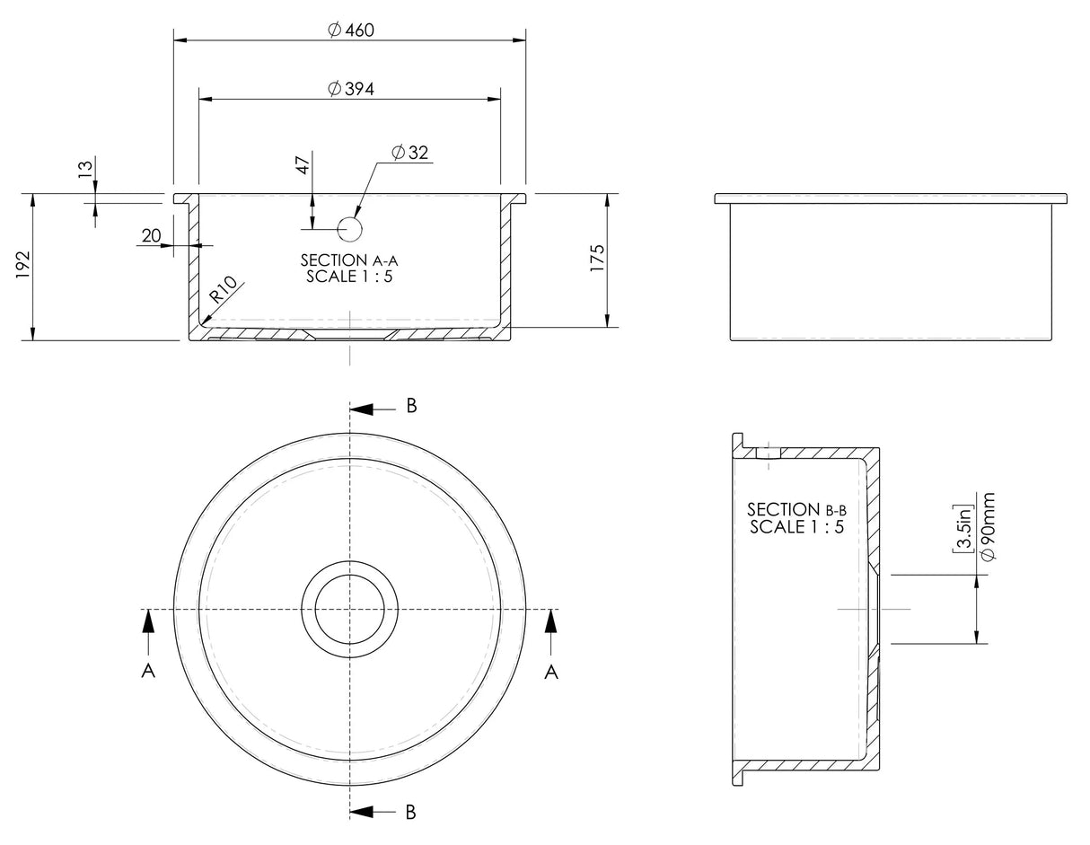 Fireclay Single Bowl Round Undermount Kitchen Sink, Central Waste Position & Overflow - 460mm - Multiple Colours Available