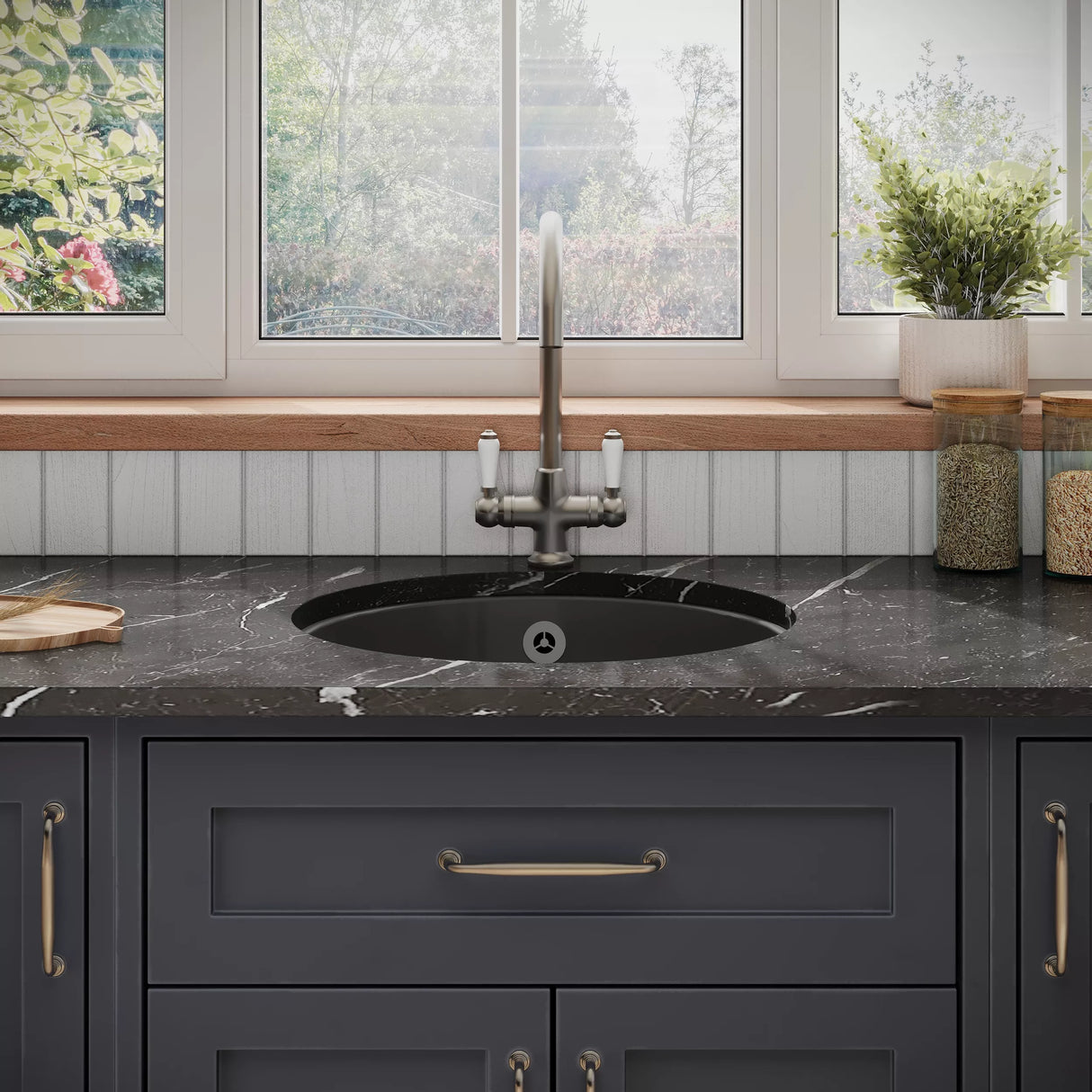 Fireclay Single Bowl Round Undermount Kitchen Sink, Central Waste Position & Overflow - 460mm - Multiple Colours Available