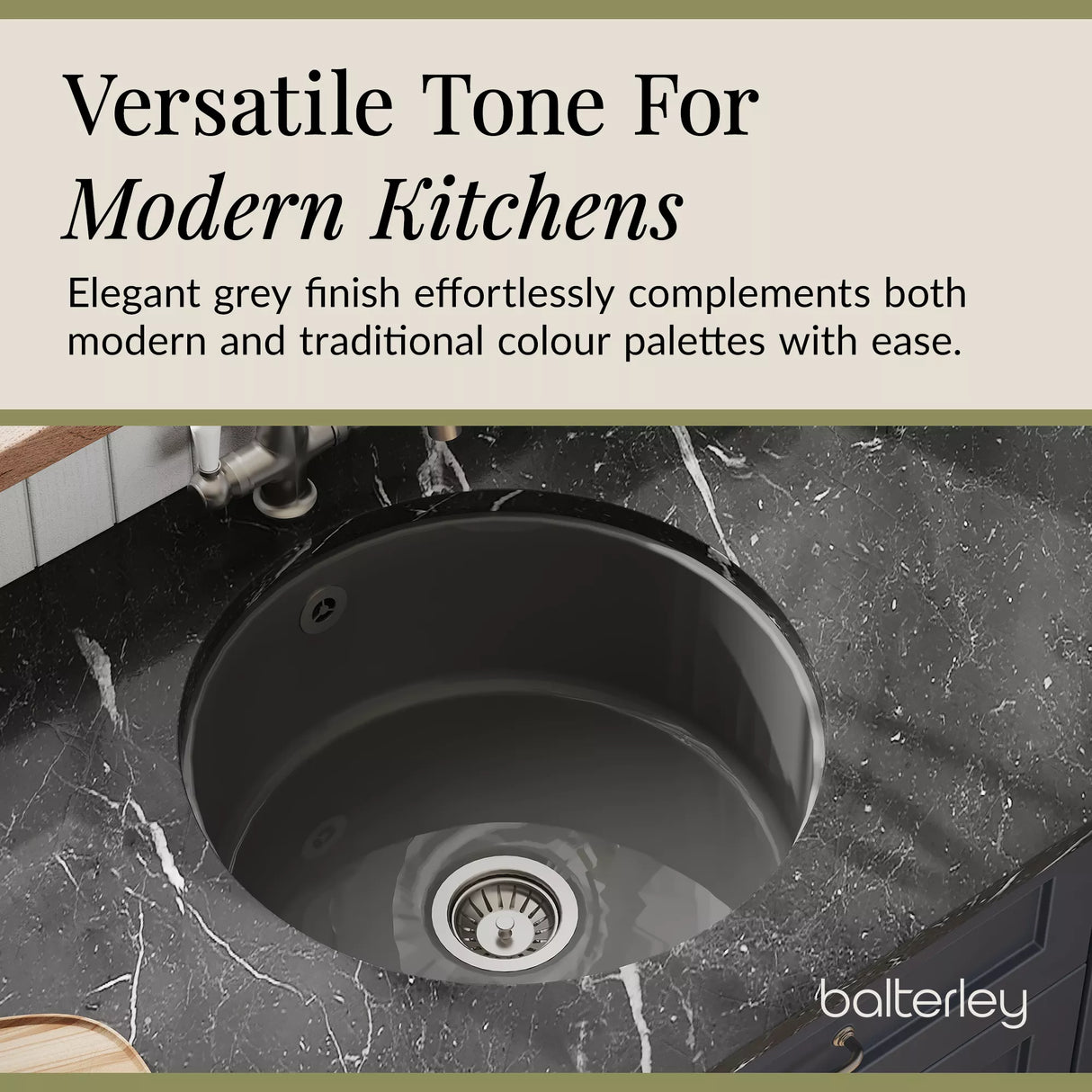 Fireclay Single Bowl Round Undermount Kitchen Sink, Central Waste Position & Overflow - 460mm - Multiple Colours Available