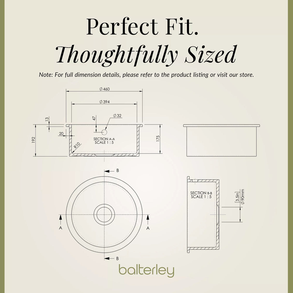 Fireclay Single Bowl Round Undermount Kitchen Sink, Central Waste Position & Overflow - 460mm - Multiple Colours Available