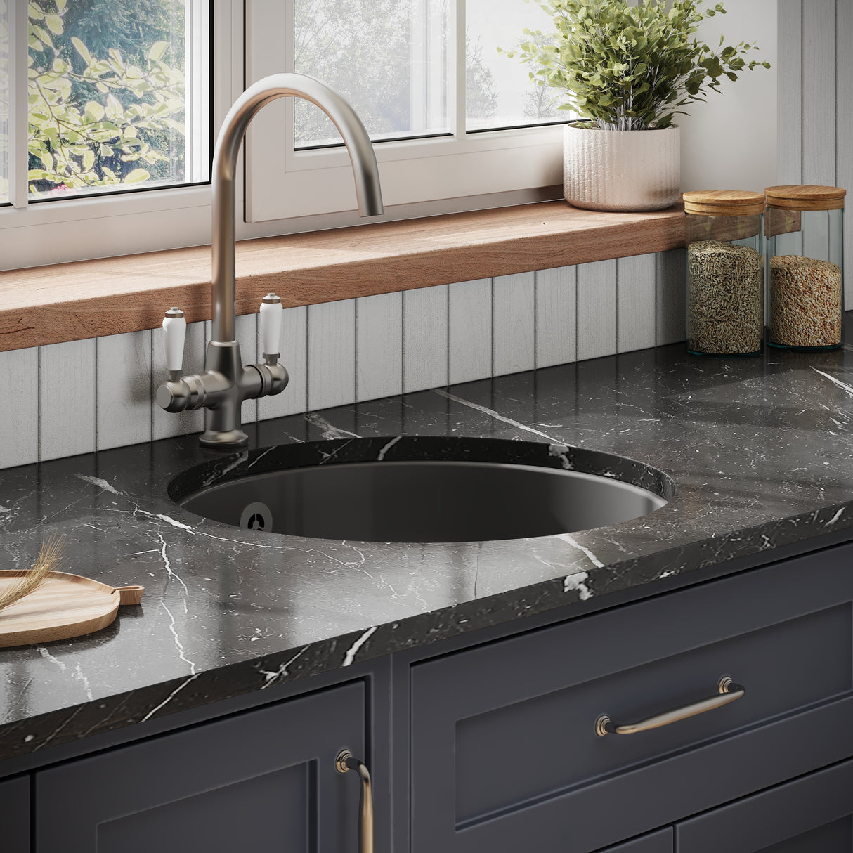 Fireclay Single Bowl Round Undermount Kitchen Sink, Central Waste Position & Overflow - Multiple Colours Available