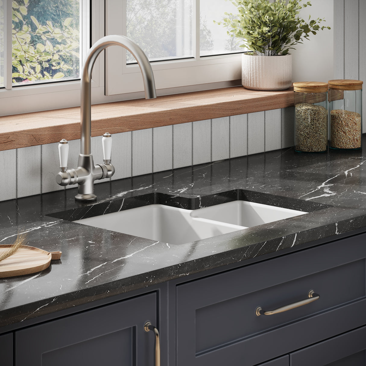 Fireclay 1.5 Bowl Undermount Kitchen Sink with Overflow - 549mm - Available as Left or Right Hand