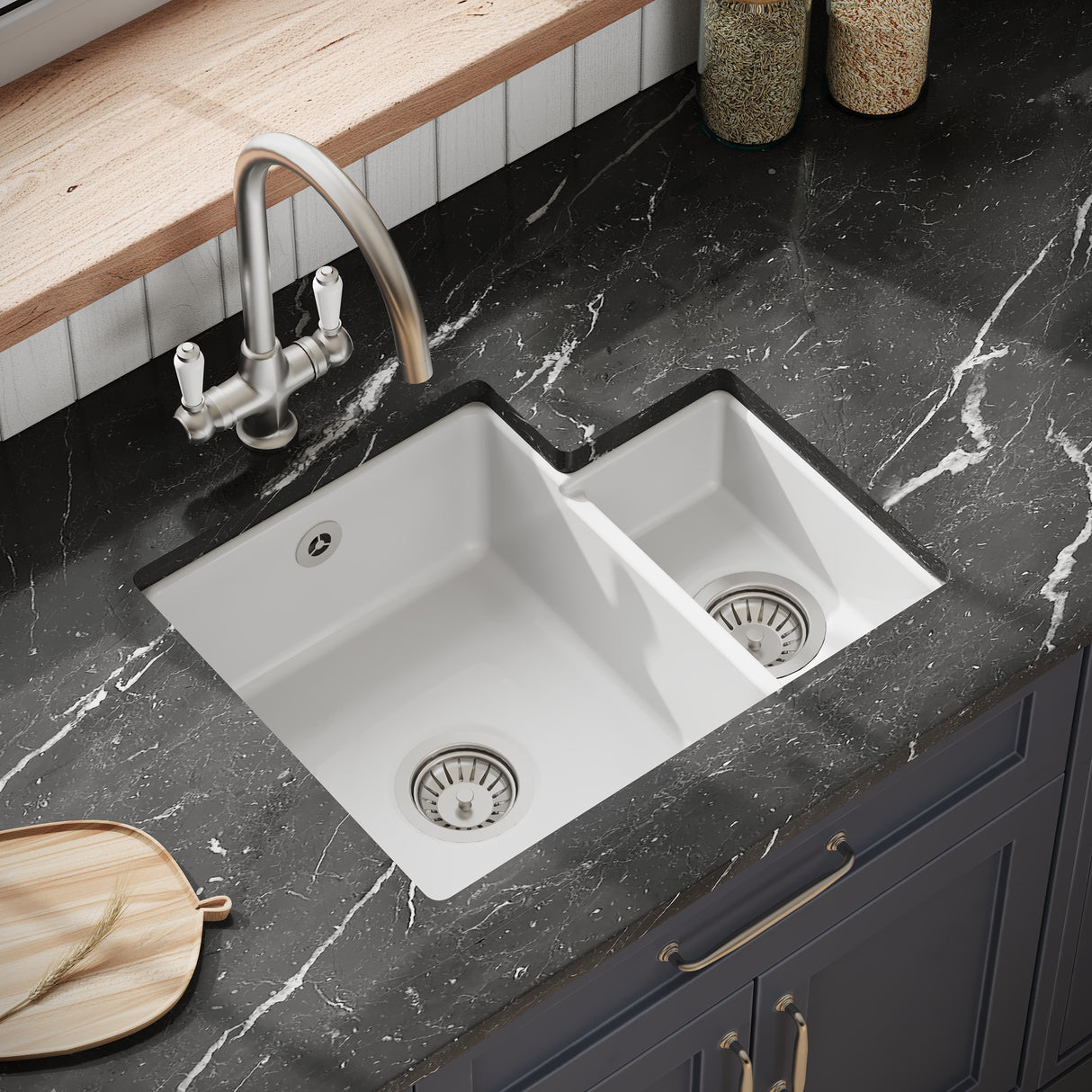 Fireclay 1.5 Bowl Undermount Kitchen Sink with Overflow - 549mm - Available as Left or Right Hand