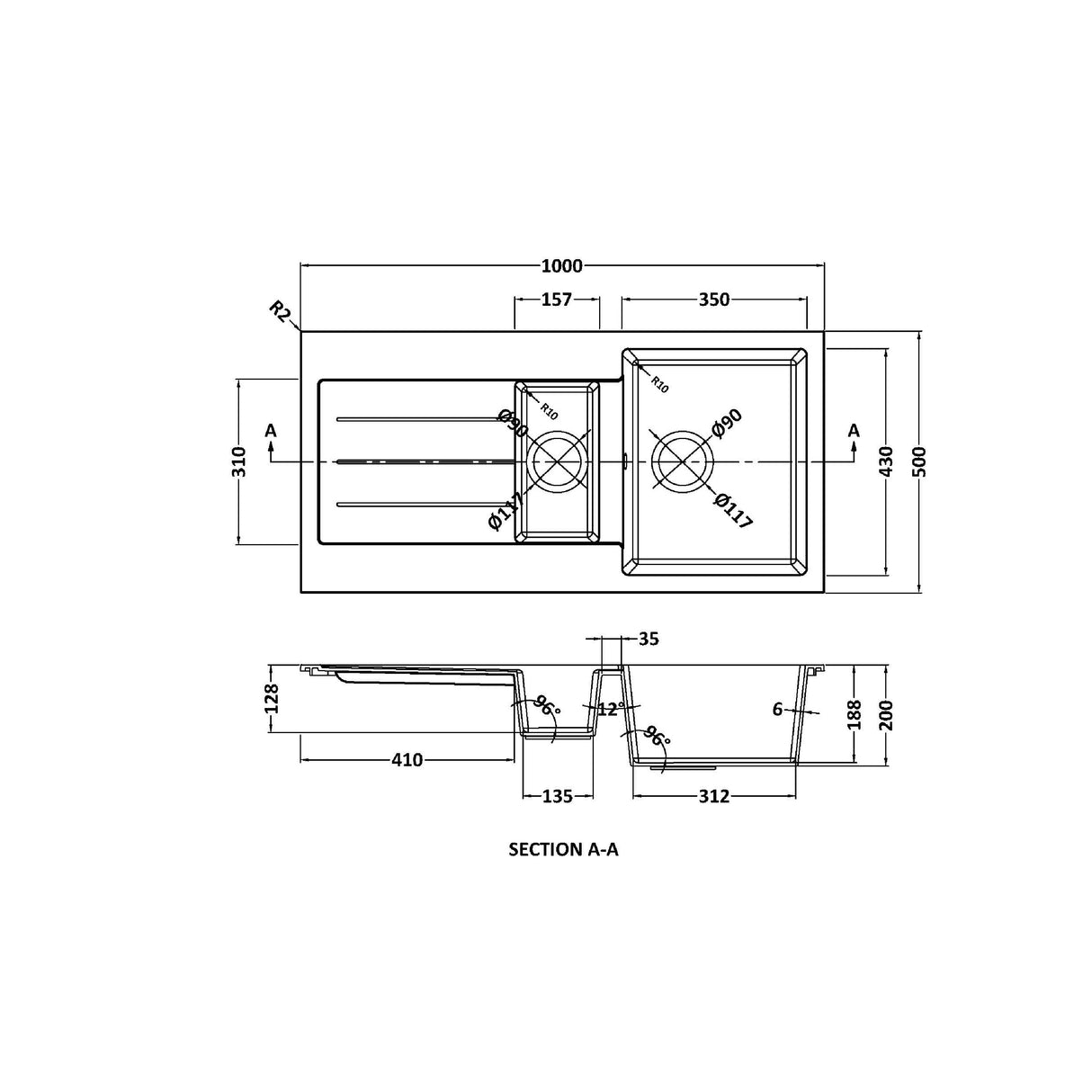 101cm Composite Inset Kitchen Sink with Overflow & Drainer - Available in Multiple Colours