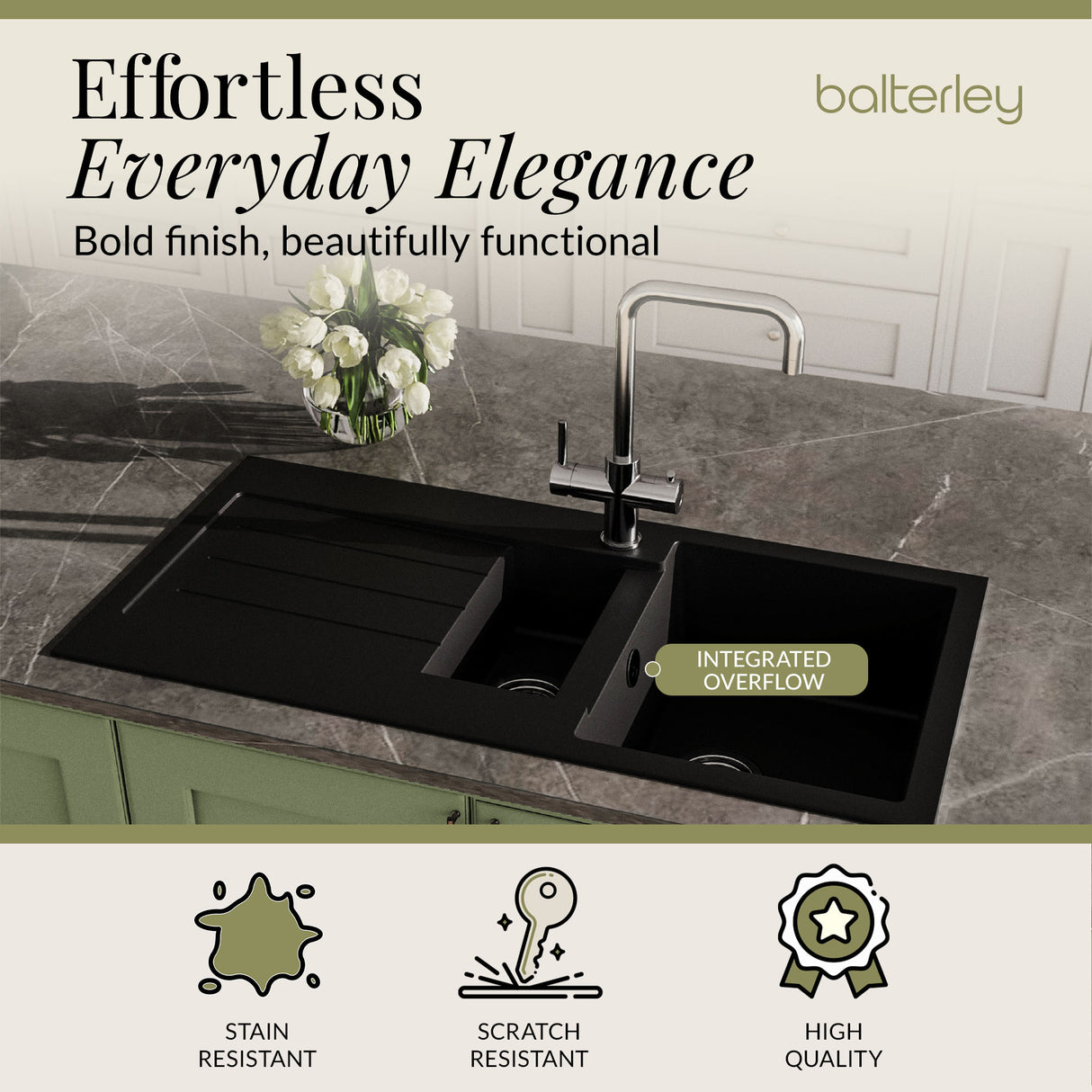 101cm Composite Inset Kitchen Sink with Overflow & Drainer - Available in Multiple Colours