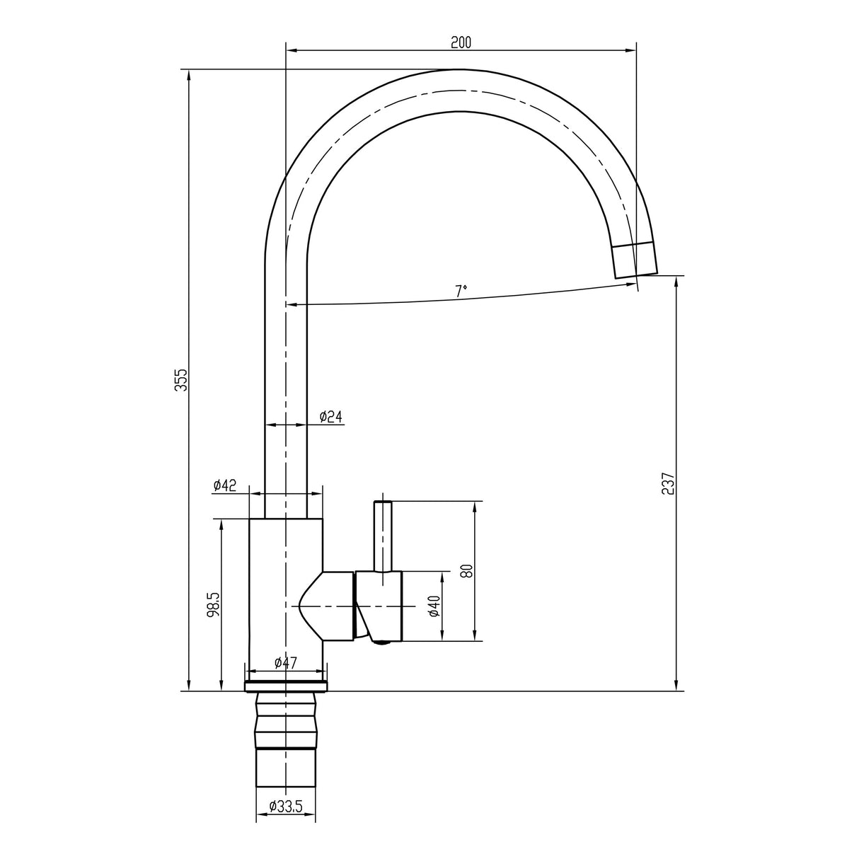 Modern Round Kitchen Sink Mixer Tap Single Lever, Top-Fix Installation, 355 x 90 x 245 mm - Choice of Colour