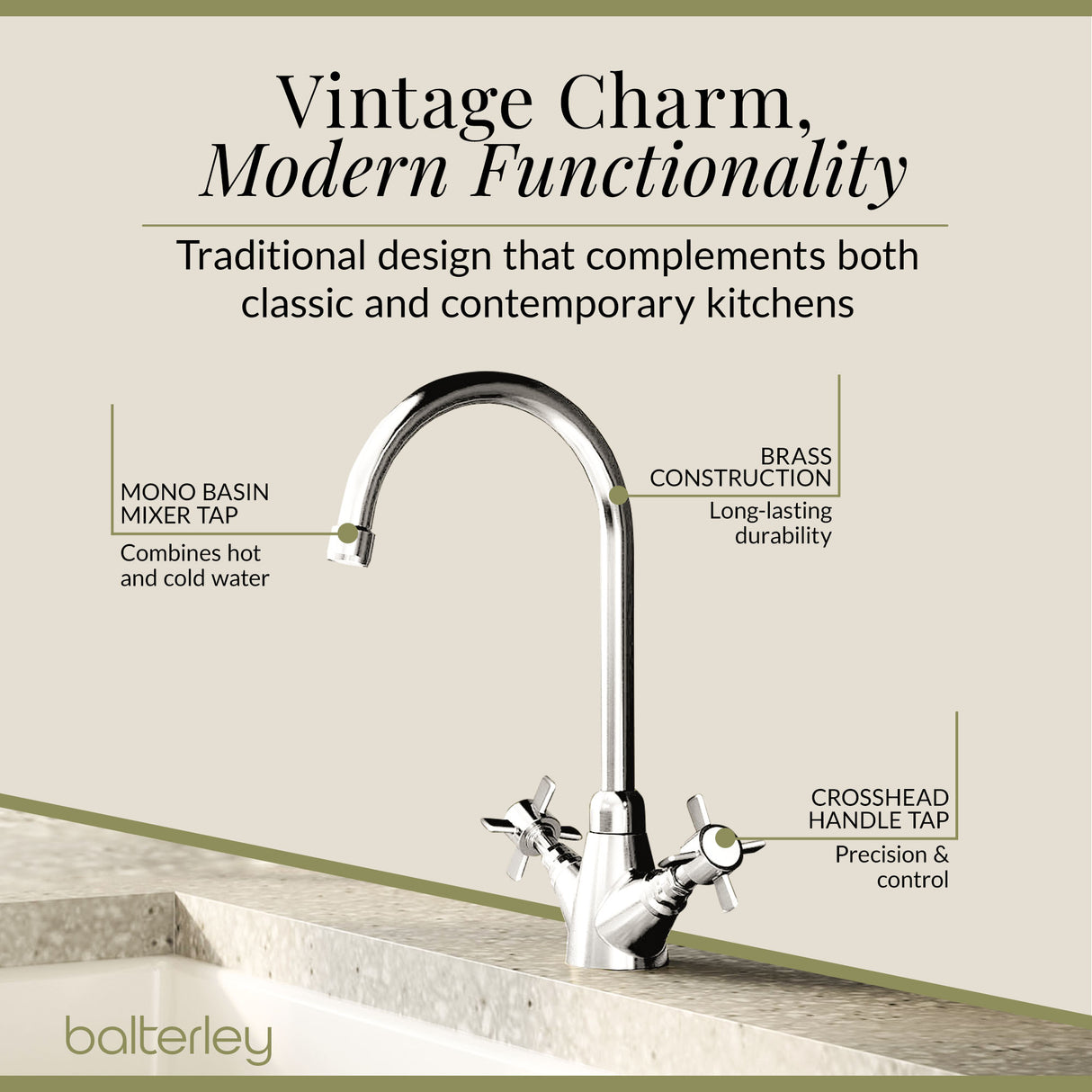Traditional Mono Mixer Kitchen Tap - Multiple Handle and Finish Options Available